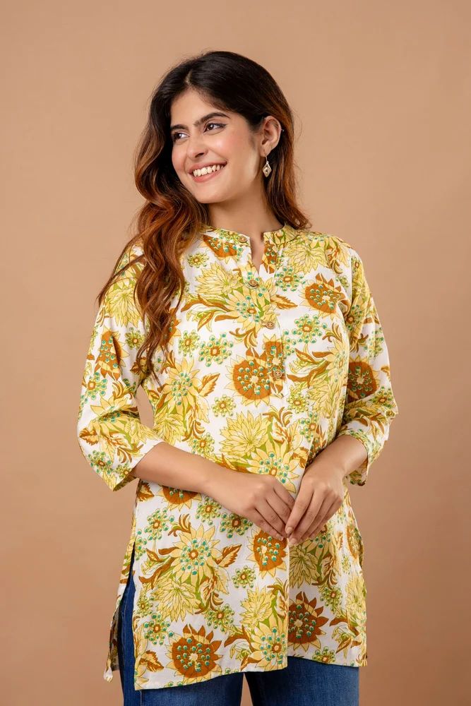 Yellow Jaipuri Printed Cotton Short Kurti Top Set for Women