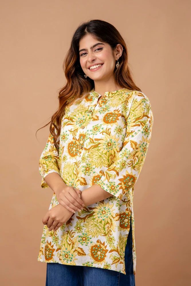 Yellow Jaipuri Printed Cotton Short Kurti Top Set for Women