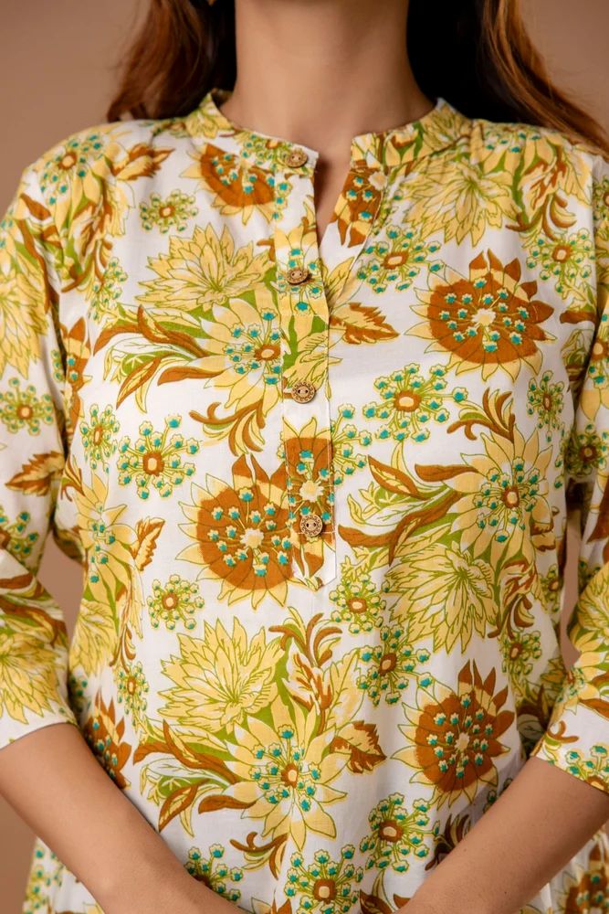 Yellow Jaipuri Printed Cotton Short Kurti Top Set for Women