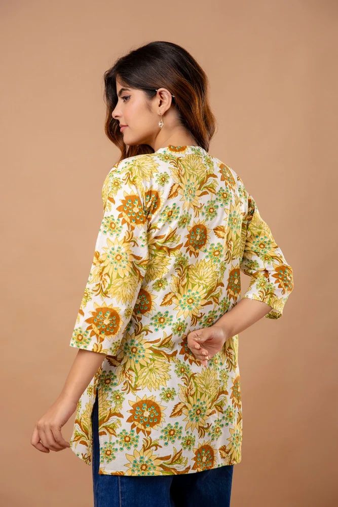 Yellow Jaipuri Printed Cotton Short Kurti Top Set for Women