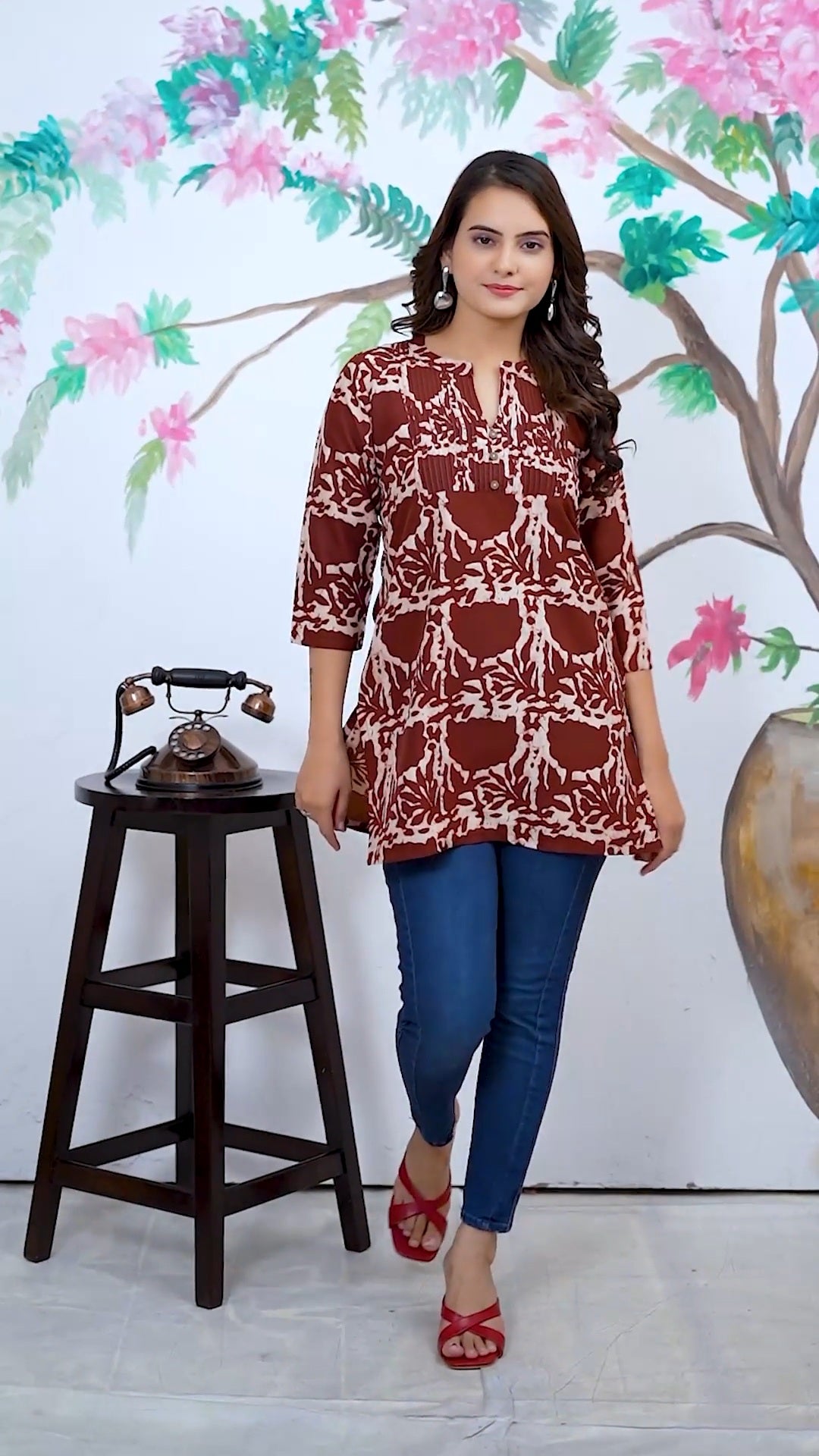 Maroon Digital Print, Heavy Rayon Round Neck Rayon Top For Women