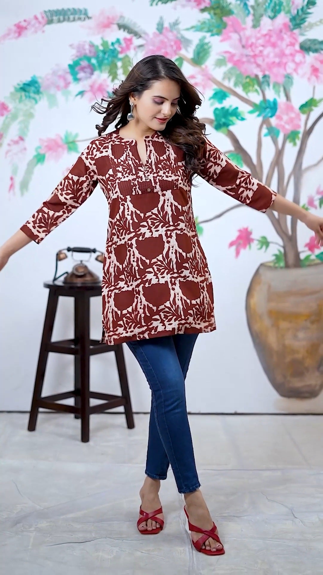 Maroon Digital Print, Heavy Rayon Round Neck Rayon Top For Women
