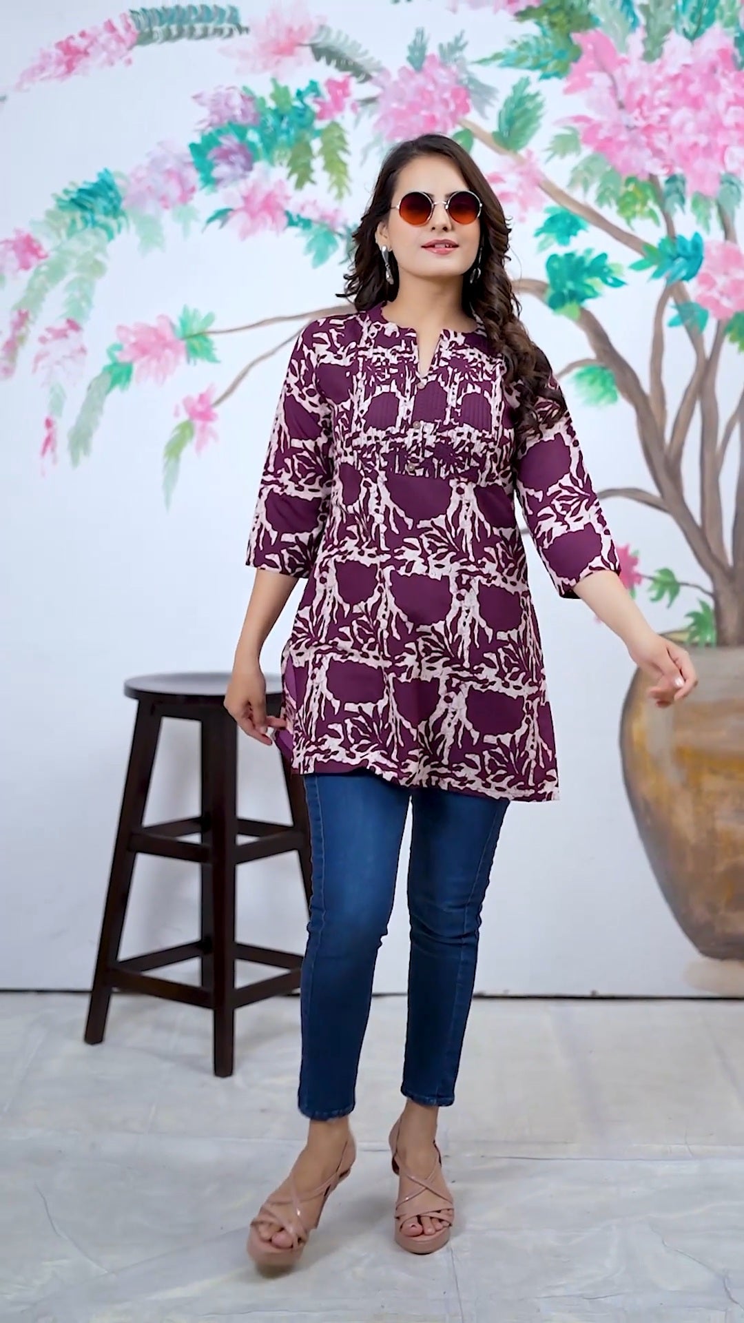 Purple Digital Geometrical Print, Heavy Rayon Round Neck Rayon Top For Women