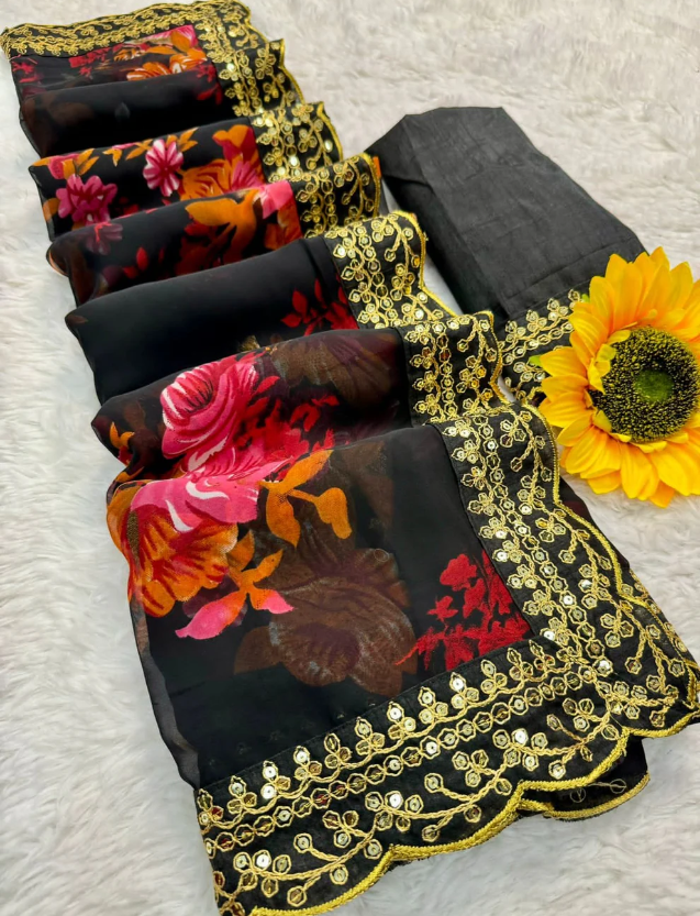 Black Floral Georgette Chiffon Saree With Unstitched Heavy Bengalori Sarttin Blouse