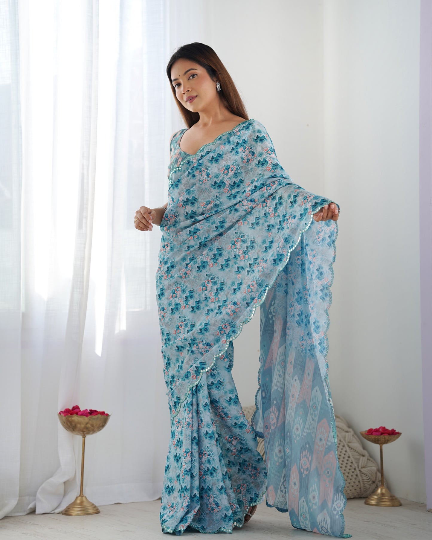 Heavy Chinnon Multicolor Saree With Unstitched Printed, Kutchi Mirror Lace Work Blouse