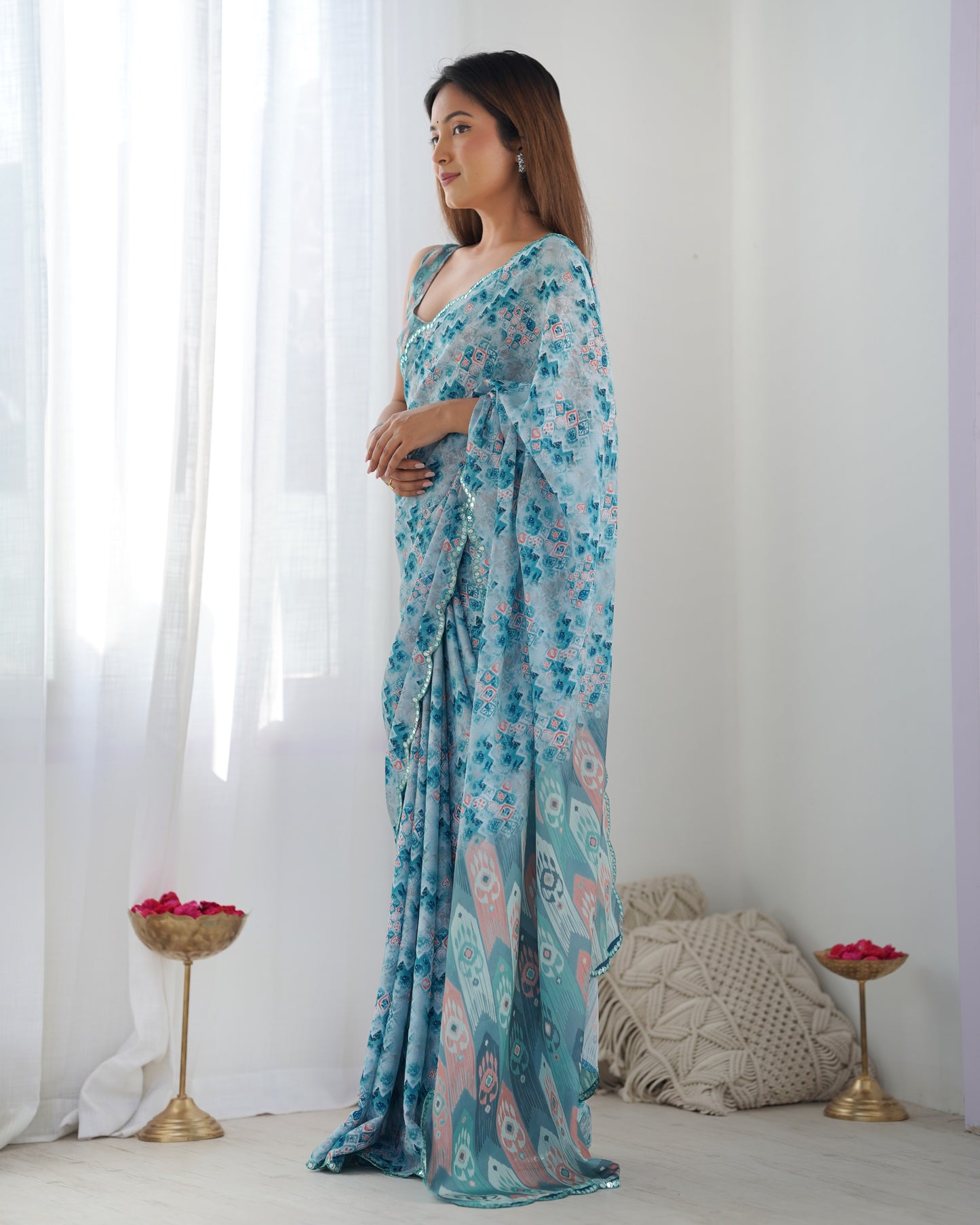Heavy Chinnon Multicolor Saree With Unstitched Printed, Kutchi Mirror Lace Work Blouse