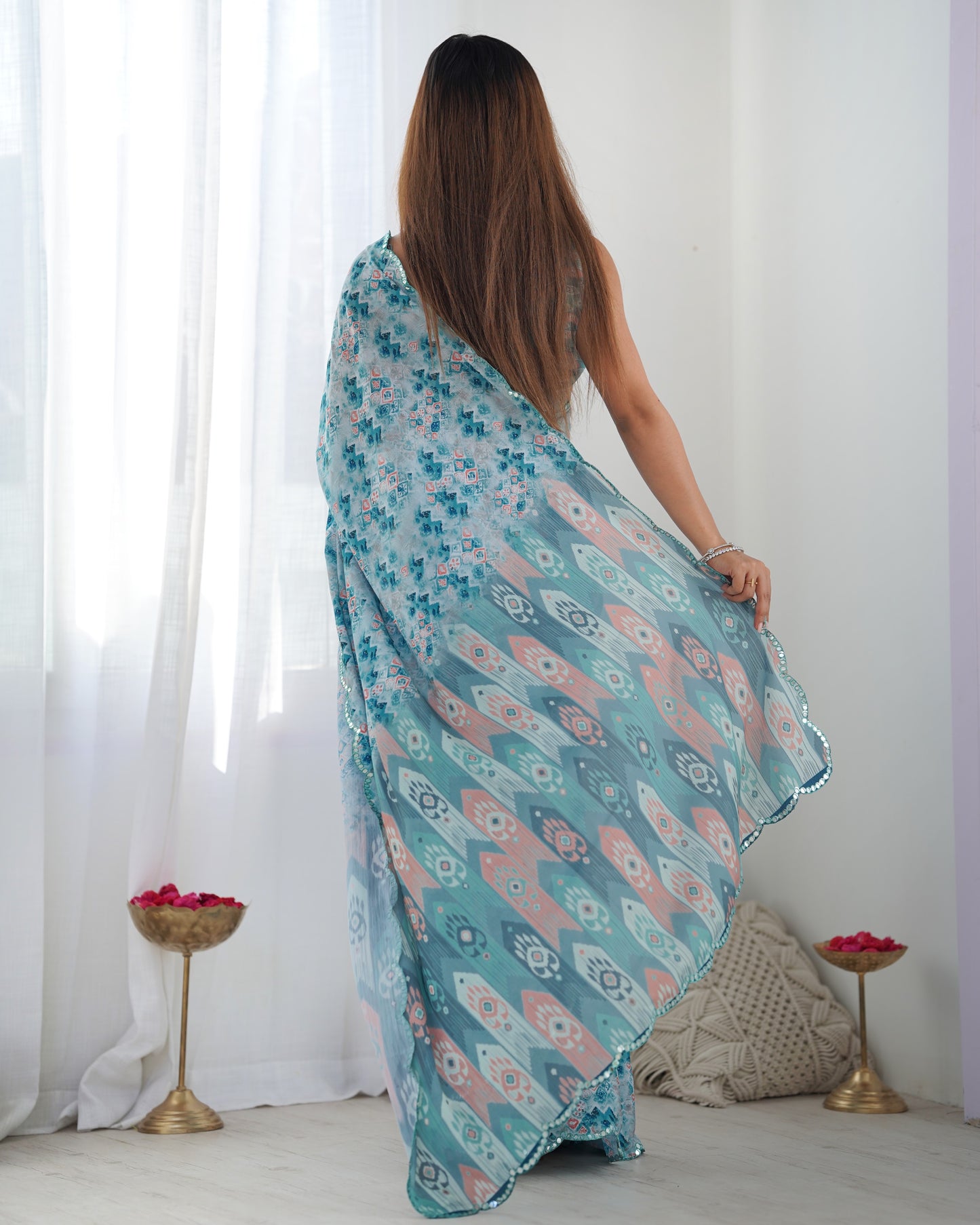 Heavy Chinnon Multicolor Saree With Unstitched Printed, Kutchi Mirror Lace Work Blouse