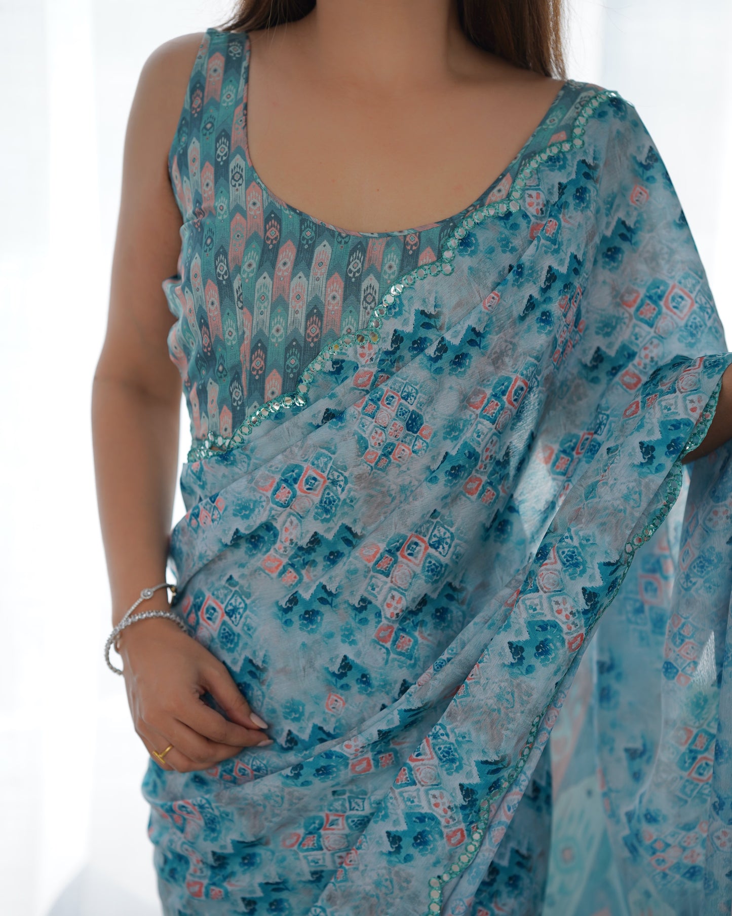 Heavy Chinnon Multicolor Saree With Unstitched Printed, Kutchi Mirror Lace Work Blouse