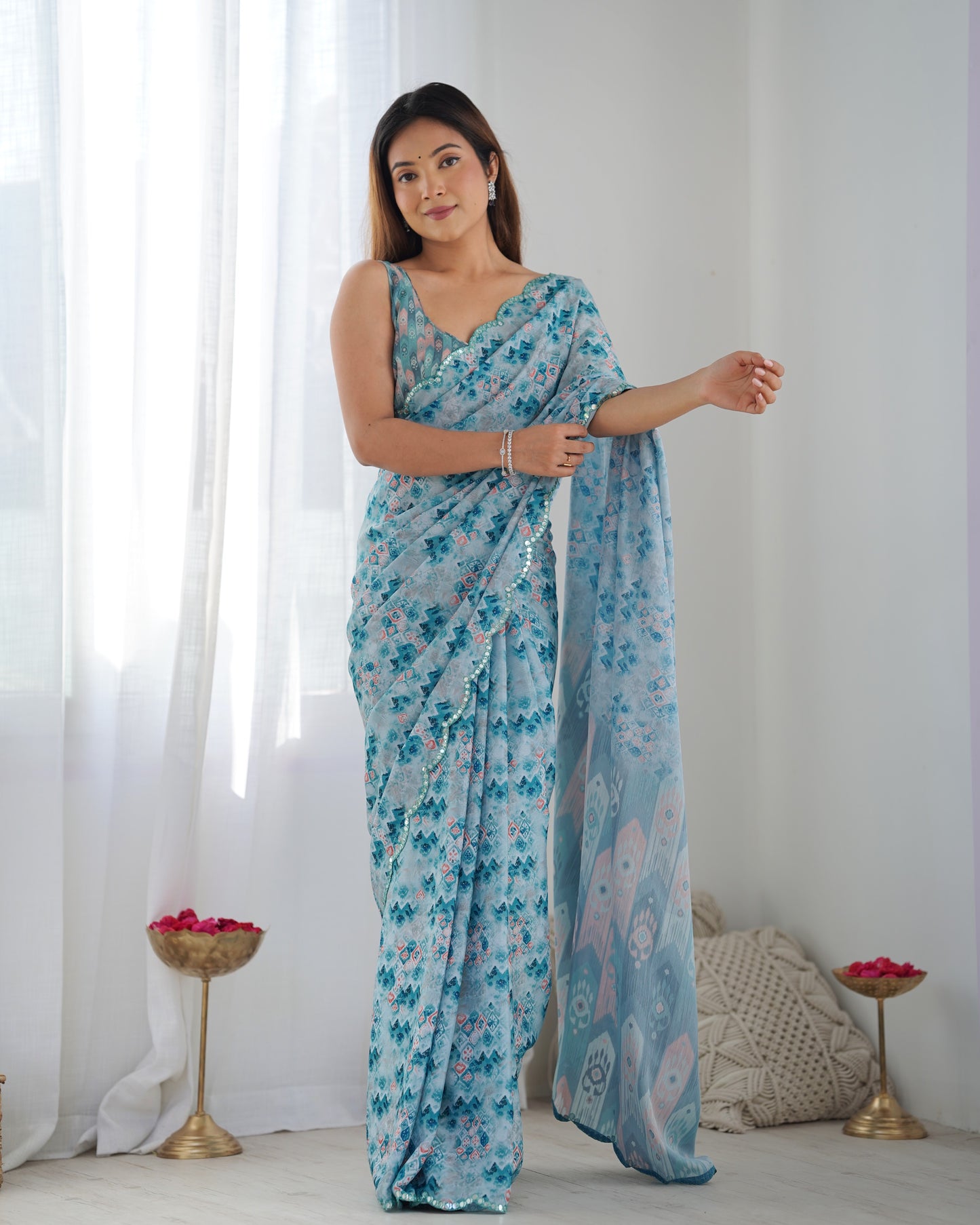 Heavy Chinnon Multicolor Saree With Unstitched Printed, Kutchi Mirror Lace Work Blouse