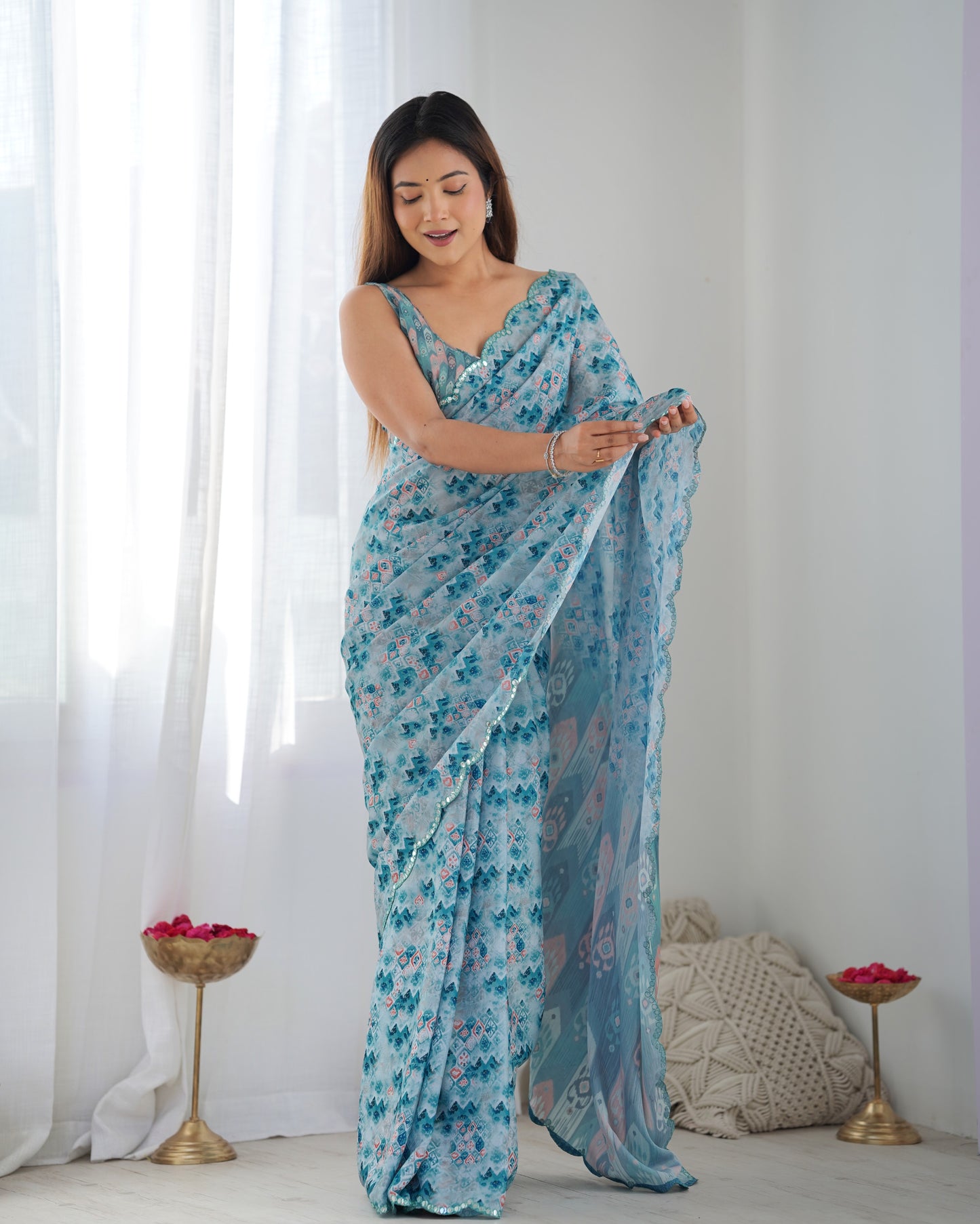 Heavy Chinnon Multicolor Saree With Unstitched Printed, Kutchi Mirror Lace Work Blouse