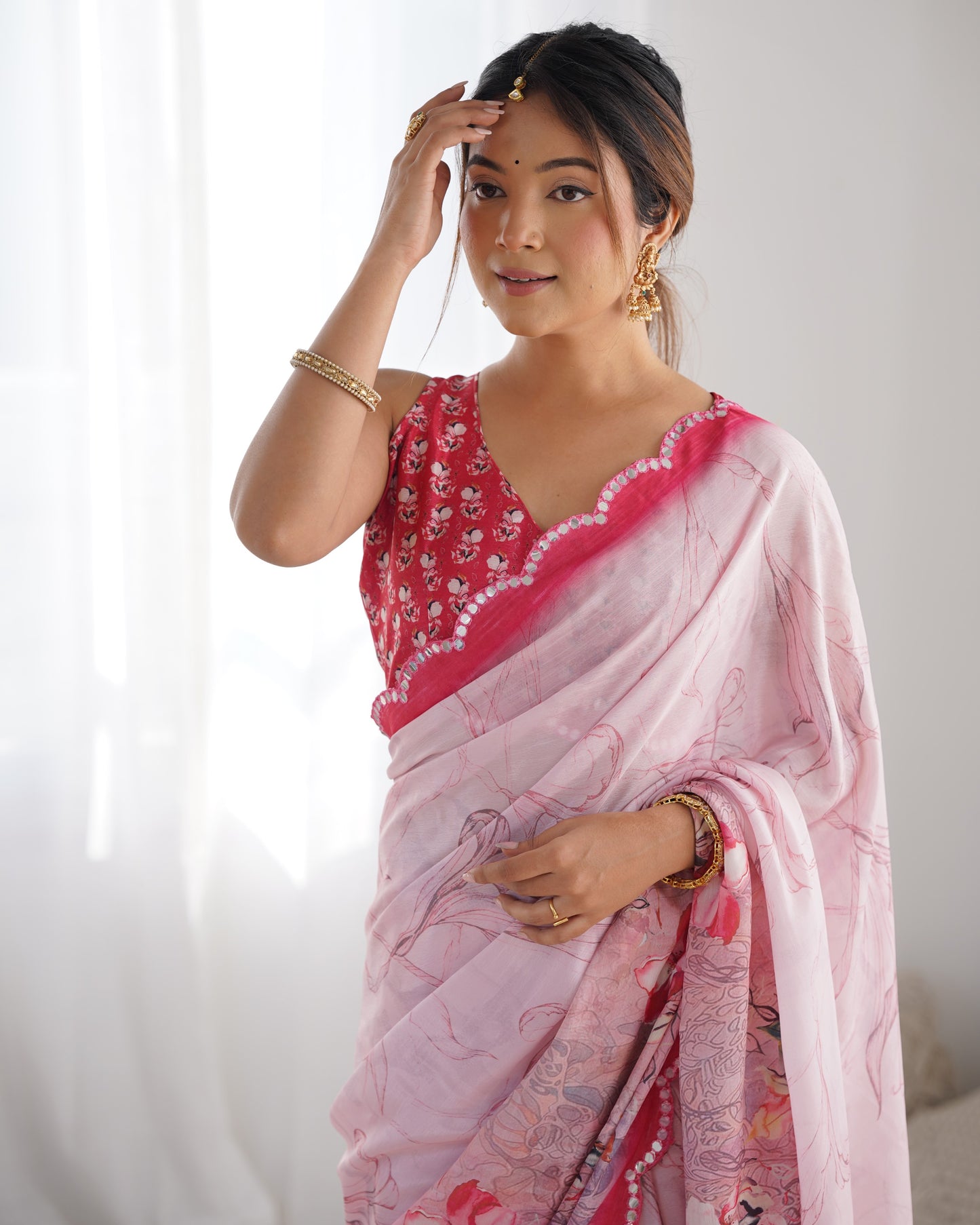 Elegant Heavy Chinnon Printed Pink Saree with Unstitched Blouse