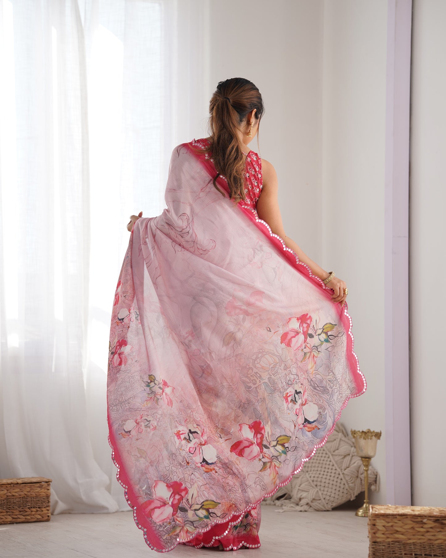 Elegant Heavy Chinnon Printed Pink Saree with Unstitched Blouse