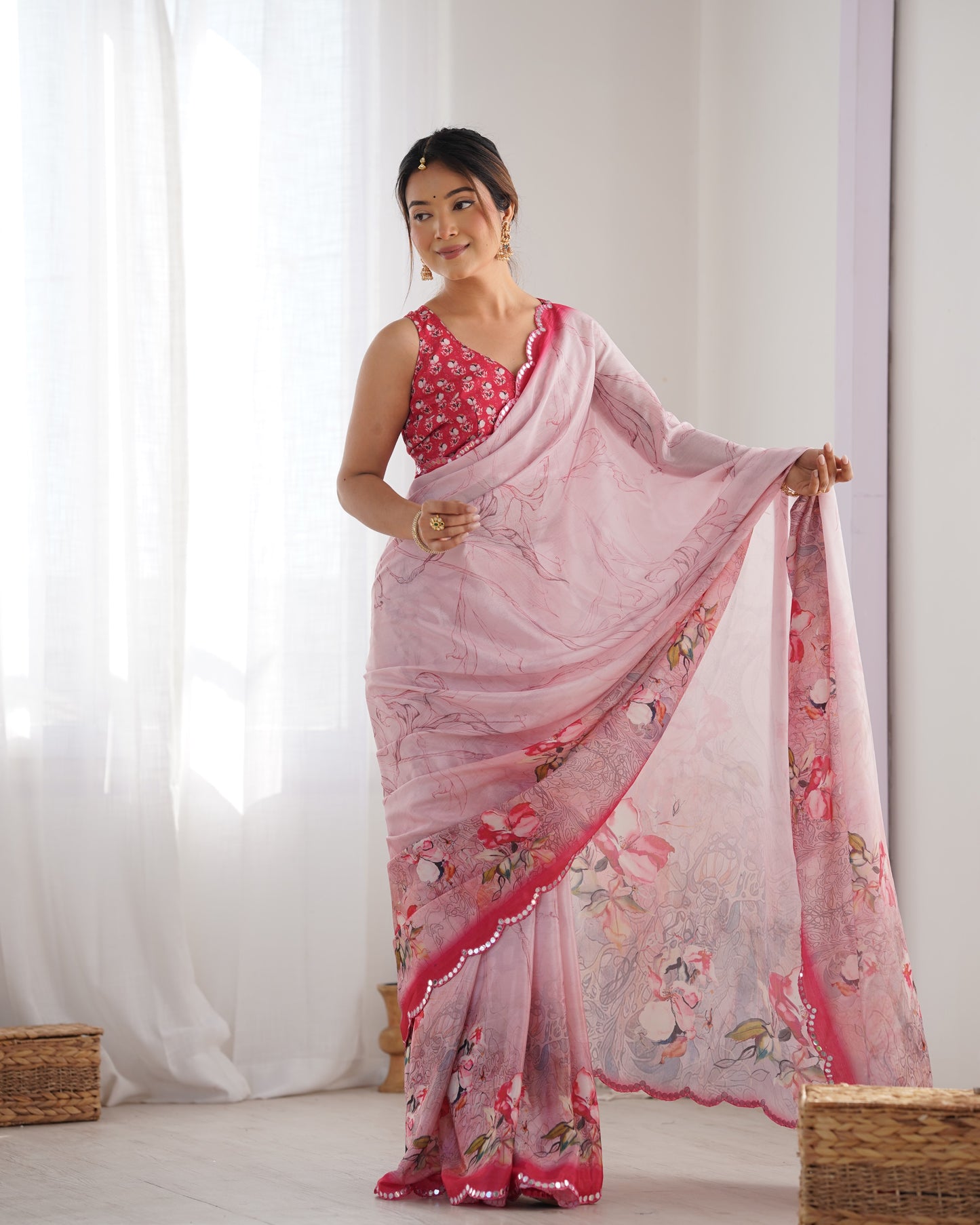Elegant Heavy Chinnon Printed Pink Saree with Unstitched Blouse