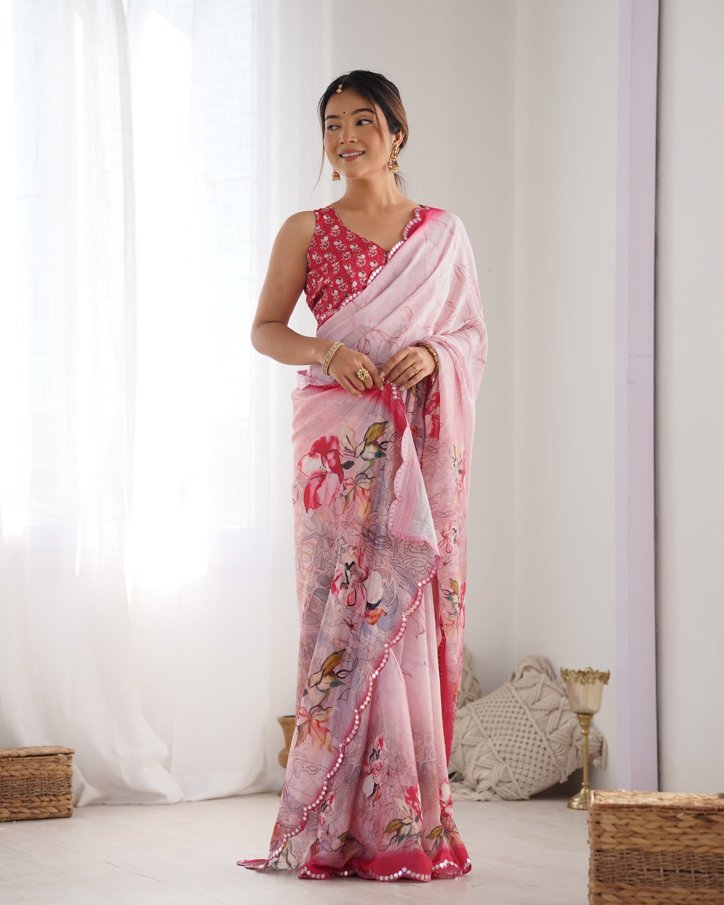 Elegant Heavy Chinnon Printed Pink Saree with Unstitched Blouse
