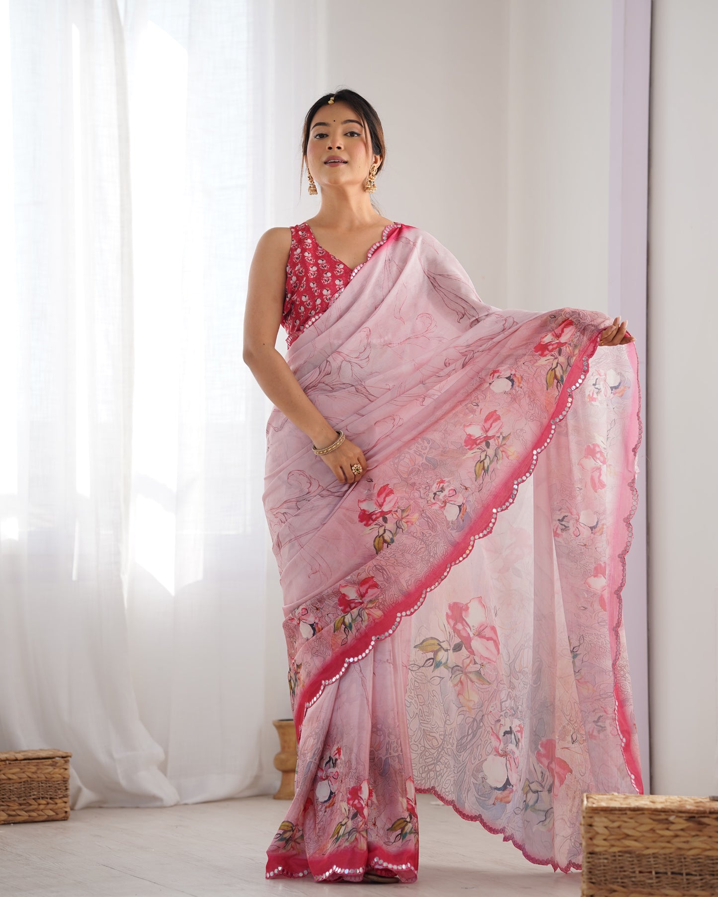 Elegant Heavy Chinnon Printed Pink Saree with Unstitched Blouse
