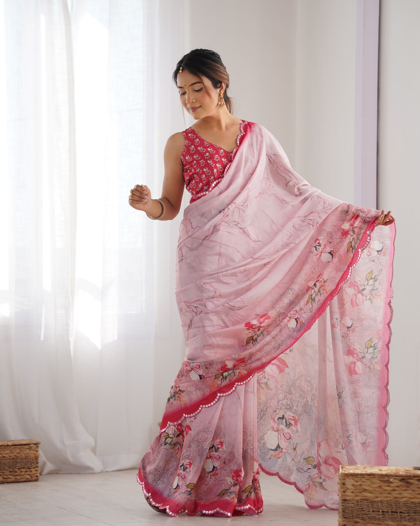 Elegant Heavy Chinnon Printed Pink Saree with Unstitched Blouse