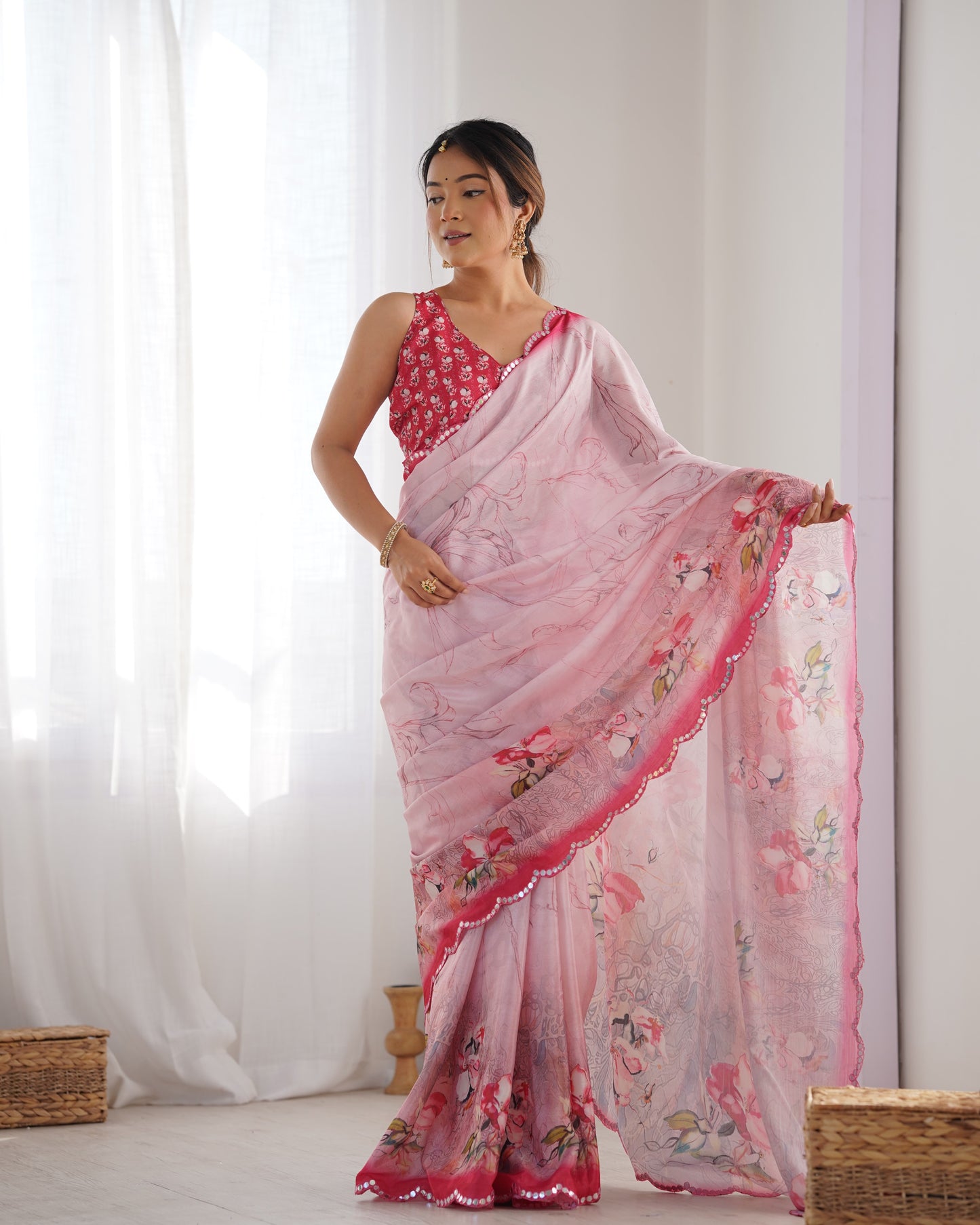 Elegant Heavy Chinnon Printed Pink Saree with Unstitched Blouse