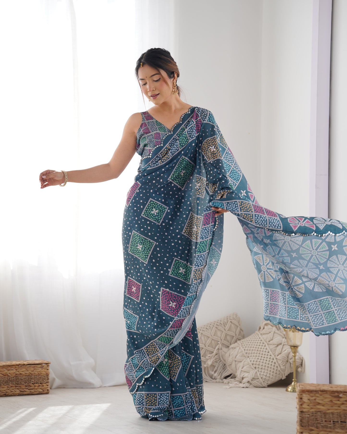 Elegant Heavy Chinnon Printed Blue Saree with Unstitched Blouse