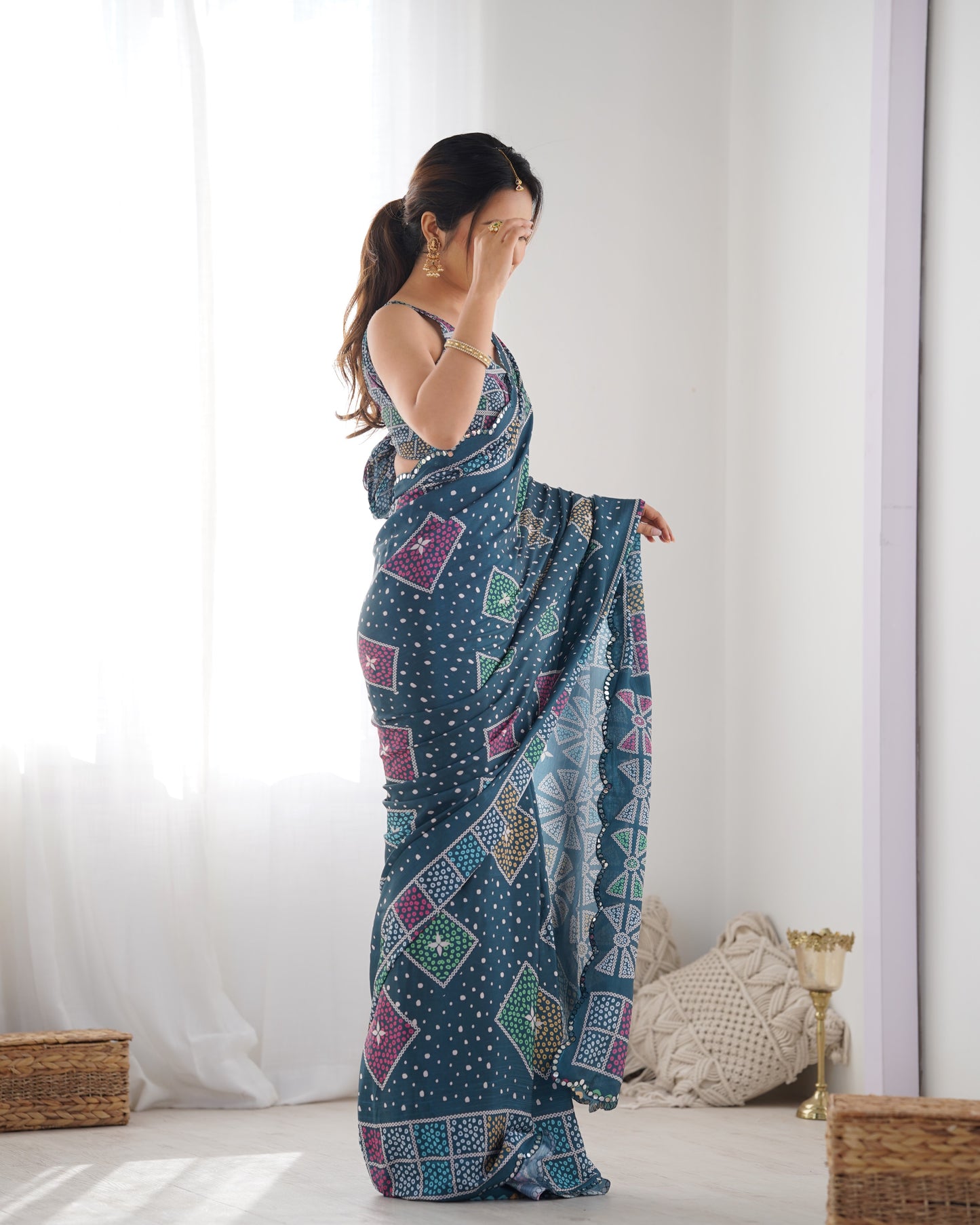 Elegant Heavy Chinnon Printed Blue Saree with Unstitched Blouse