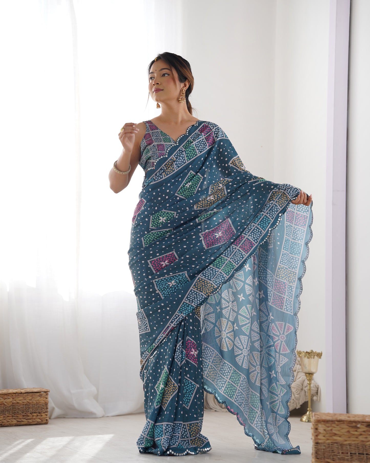 Elegant Heavy Chinnon Printed Blue Saree with Unstitched Blouse