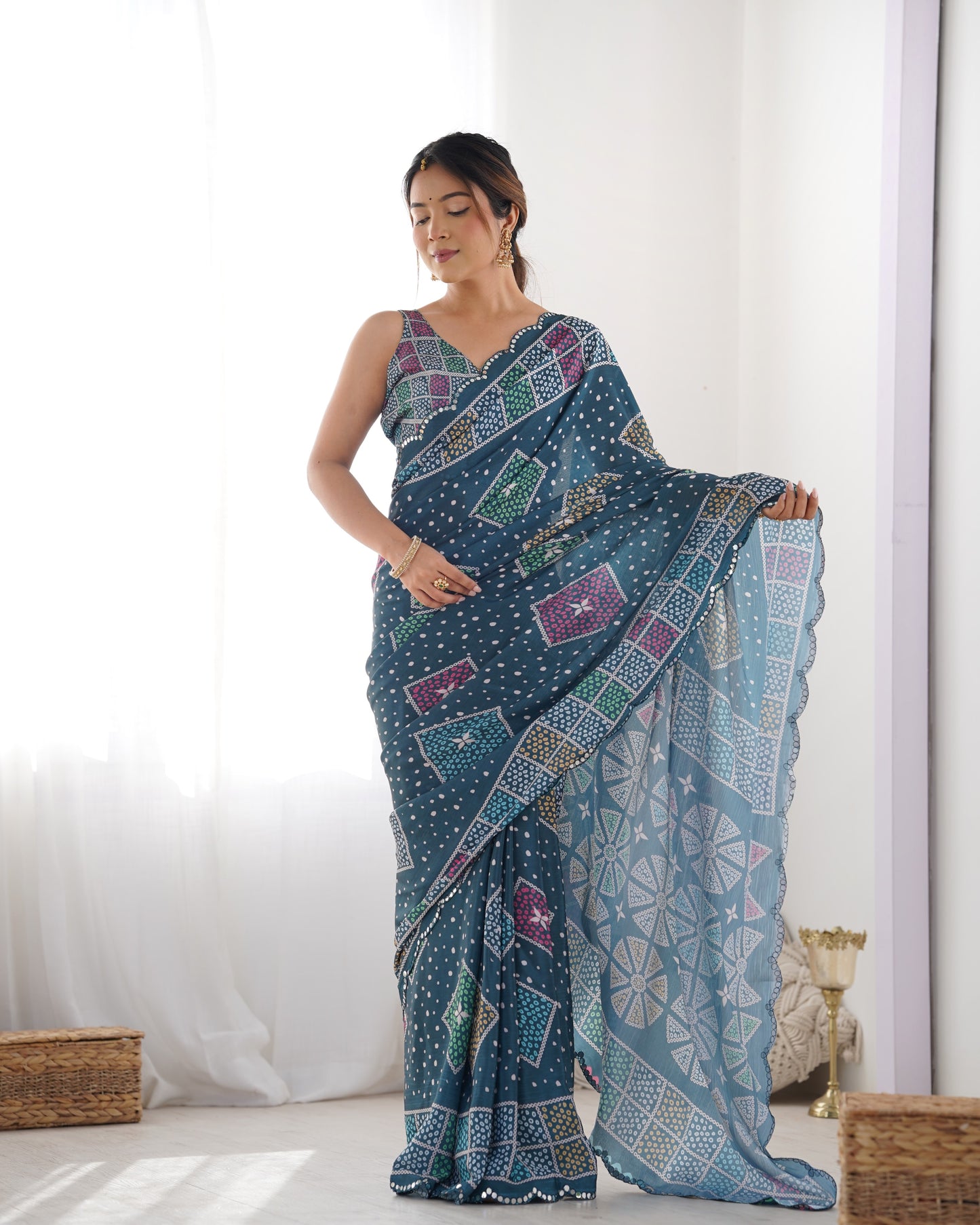 Elegant Heavy Chinnon Printed Blue Saree with Unstitched Blouse