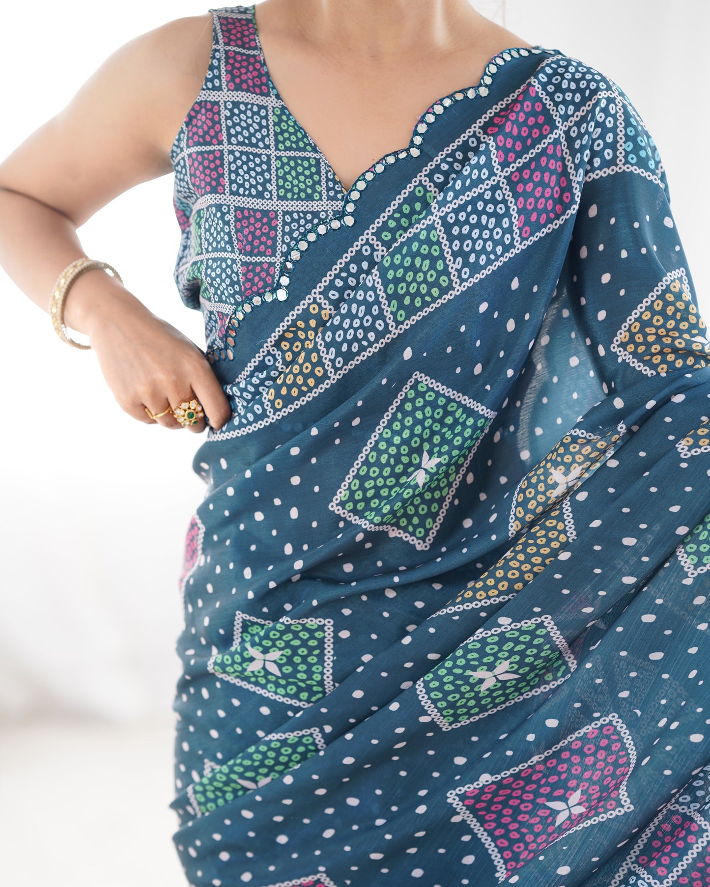Elegant Heavy Chinnon Printed Blue Saree with Unstitched Blouse
