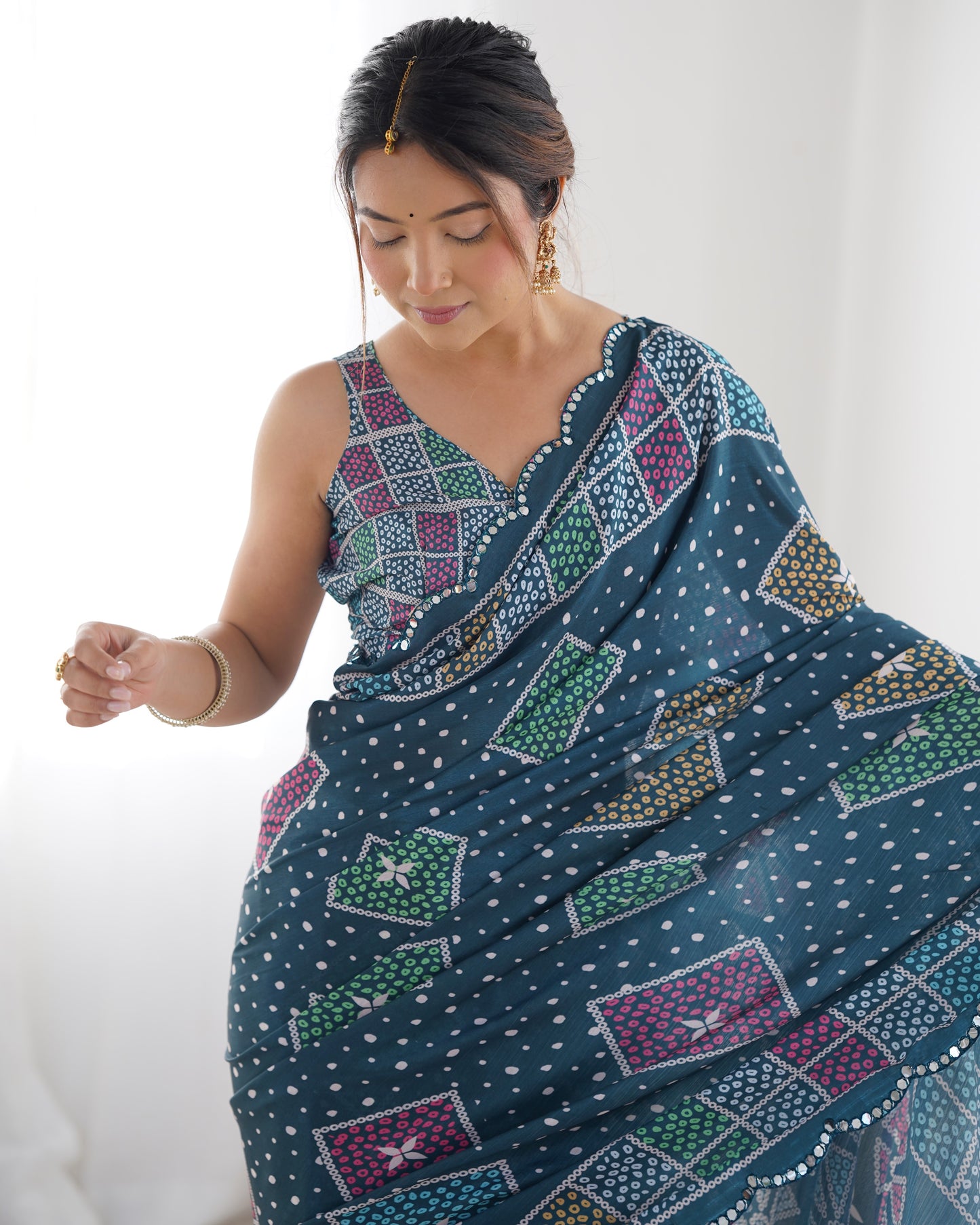 Elegant Heavy Chinnon Printed Blue Saree with Unstitched Blouse