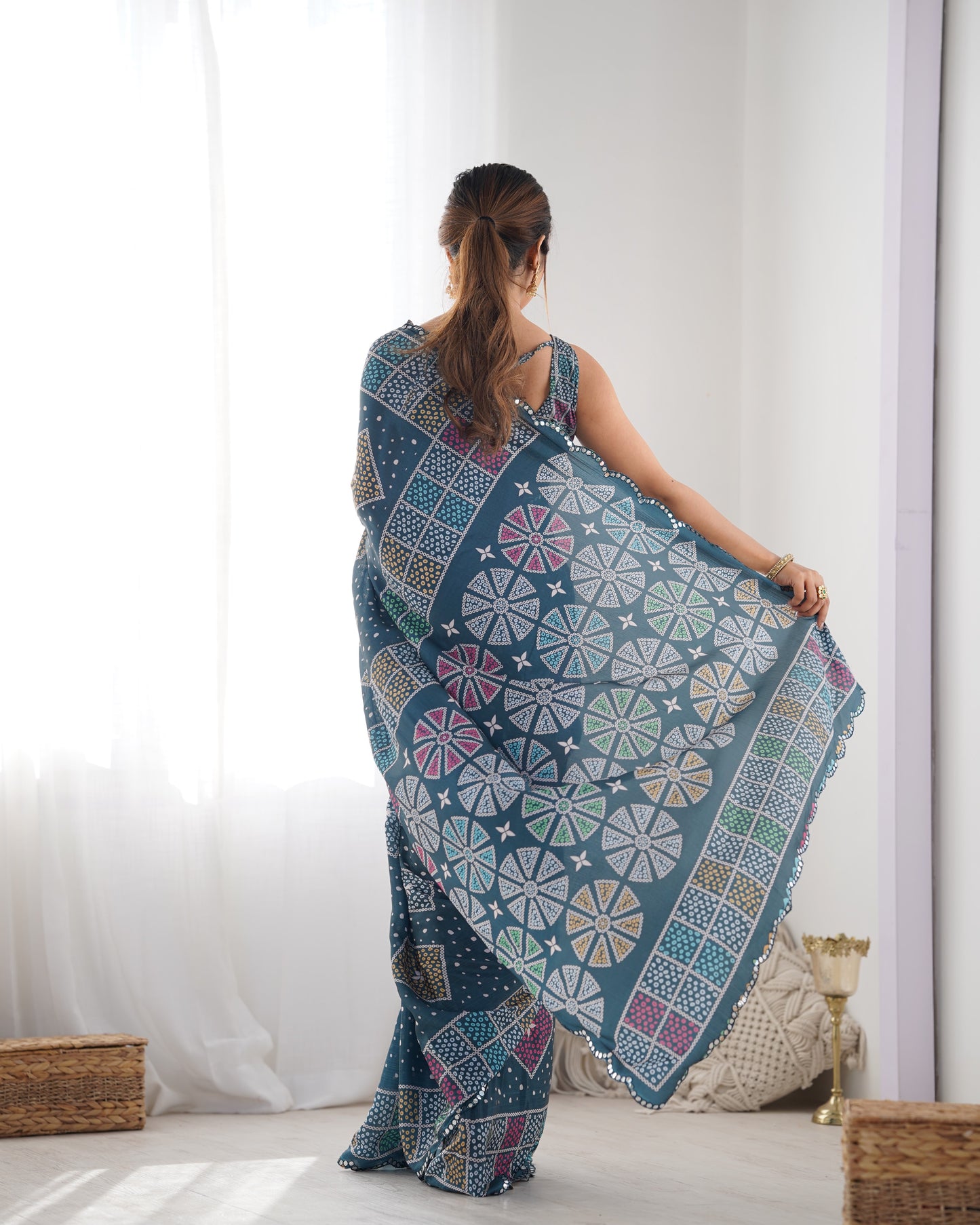 Elegant Heavy Chinnon Printed Blue Saree with Unstitched Blouse
