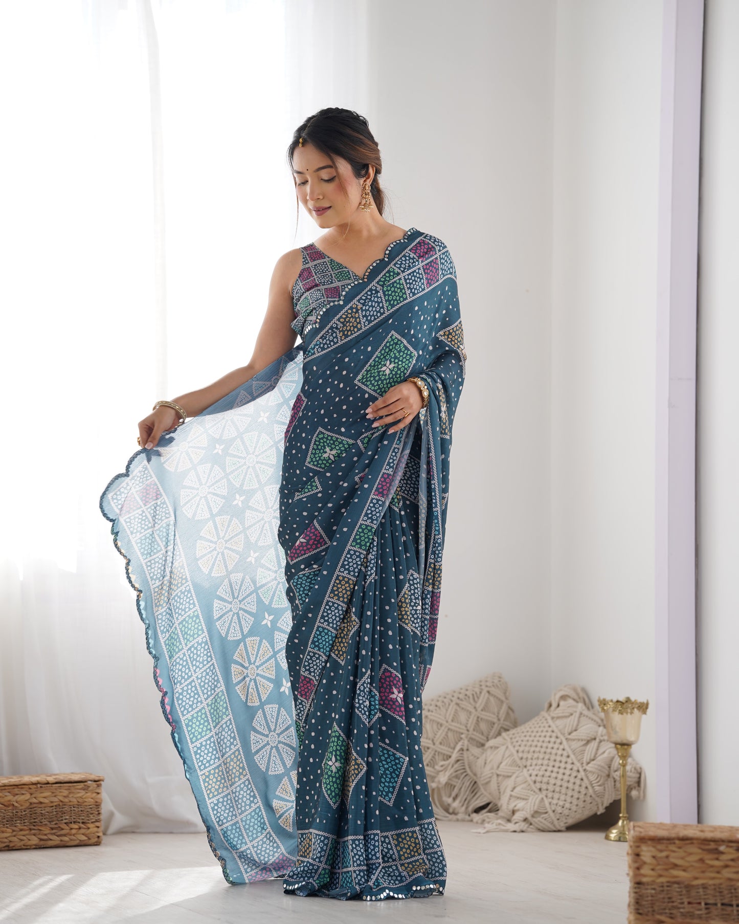 Elegant Heavy Chinnon Printed Blue Saree with Unstitched Blouse