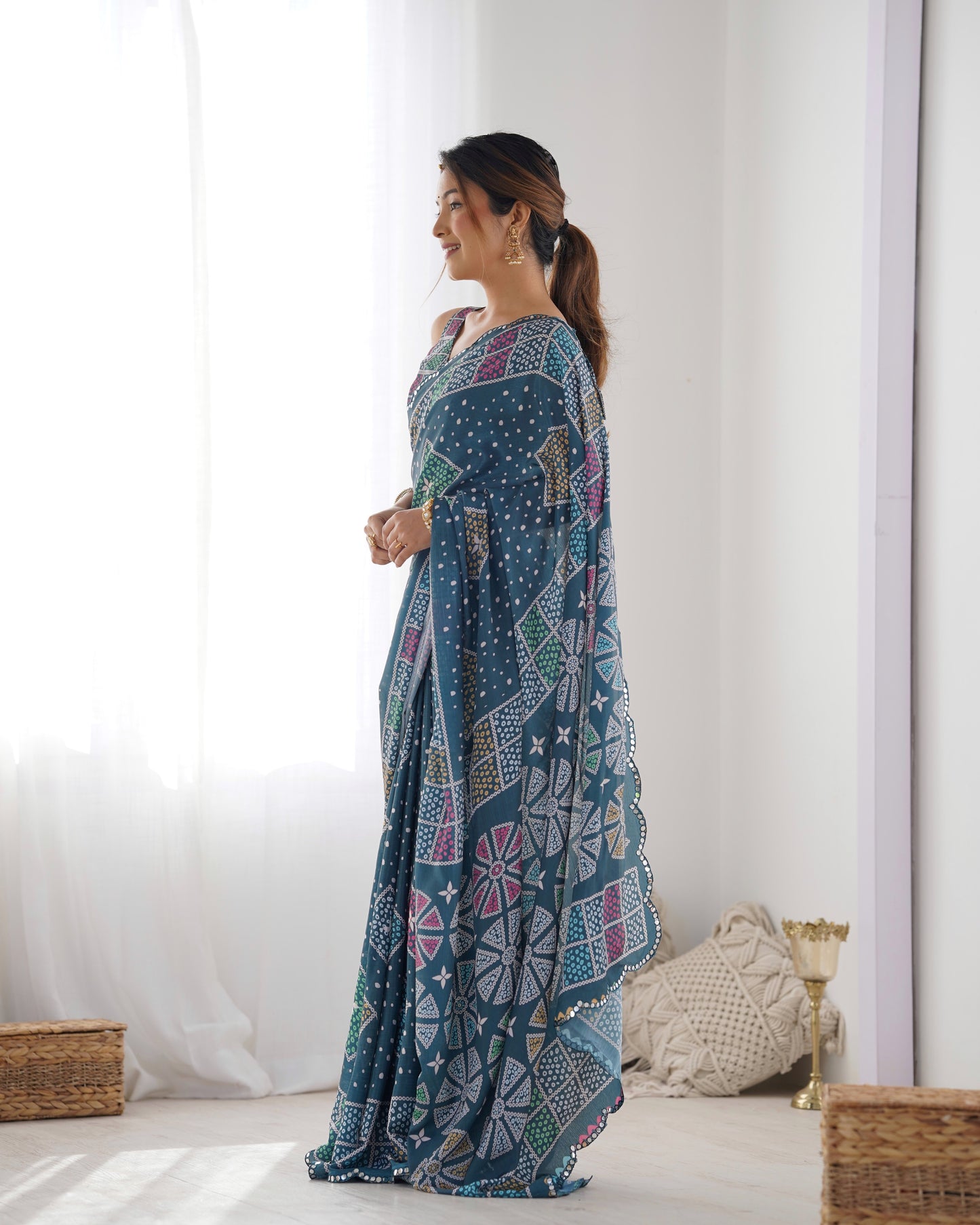 Elegant Heavy Chinnon Printed Blue Saree with Unstitched Blouse