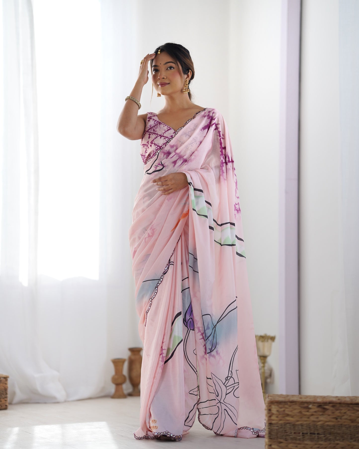 Elegant Heavy Chinnon Purple Printed Light Pink Saree with Unstitched Blouse