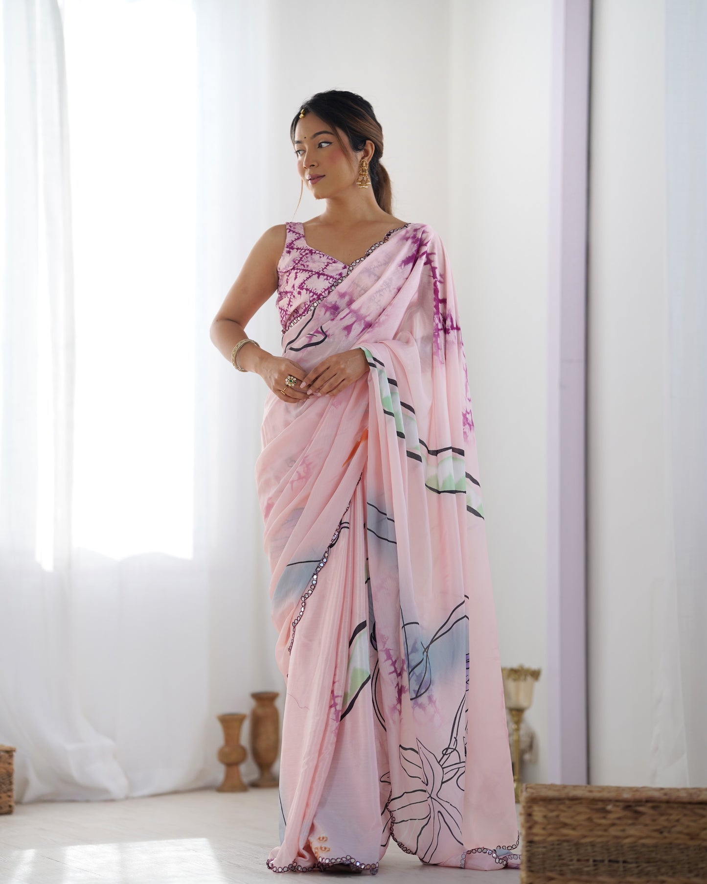 Elegant Heavy Chinnon Purple Printed Light Pink Saree with Unstitched Blouse