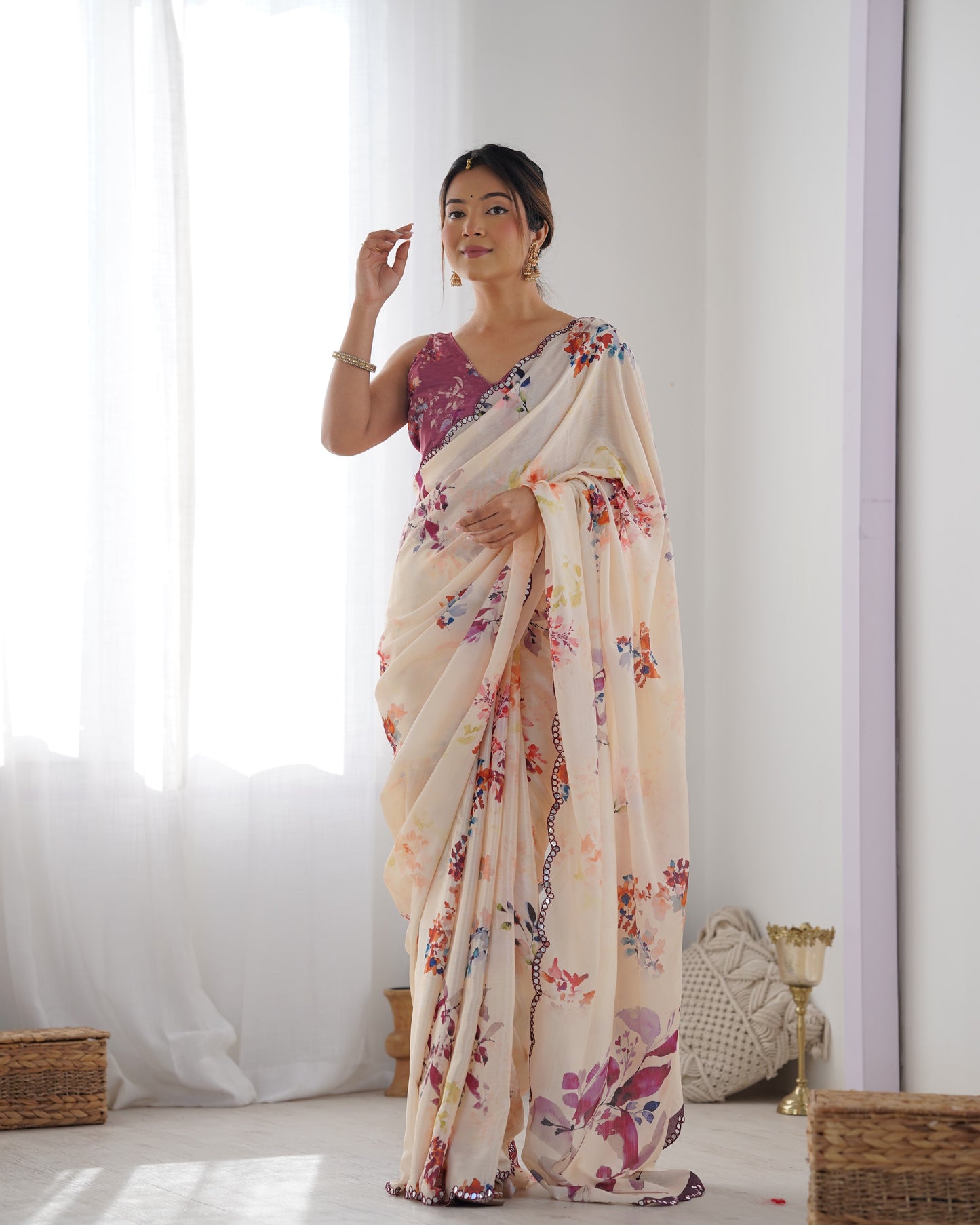 Elegant Heavy Chinnon Floral Printed Off white Saree with Unstitched Purple Blouse