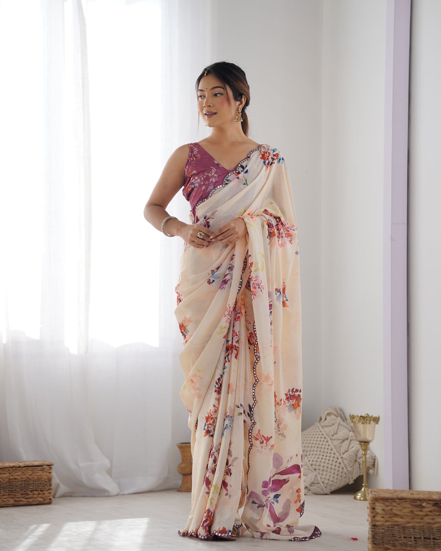 Elegant Heavy Chinnon Floral Printed Off white Saree with Unstitched Purple Blouse