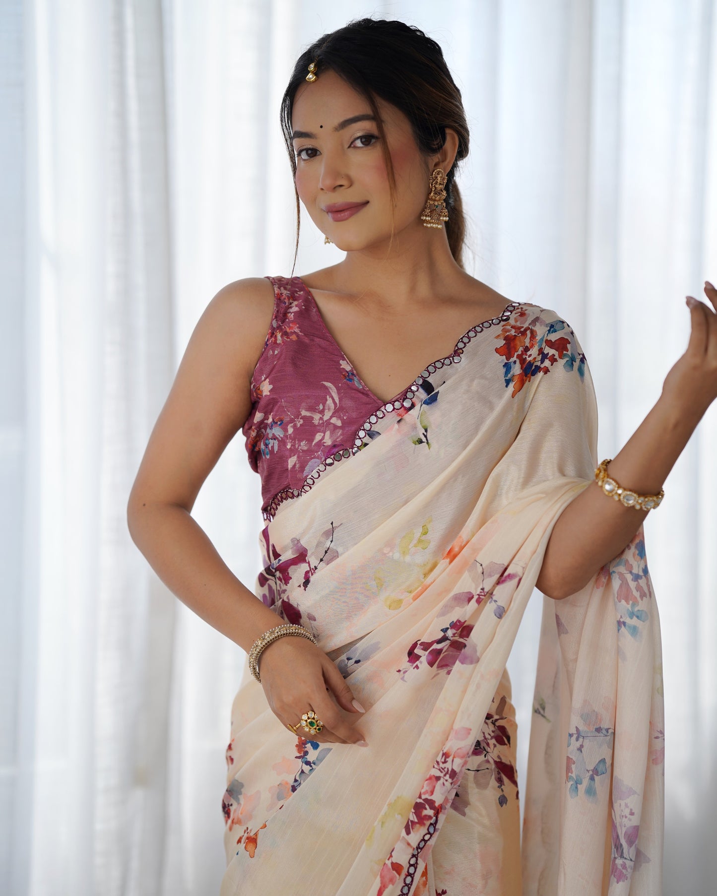 Elegant Heavy Chinnon Floral Printed Off white Saree with Unstitched Purple Blouse