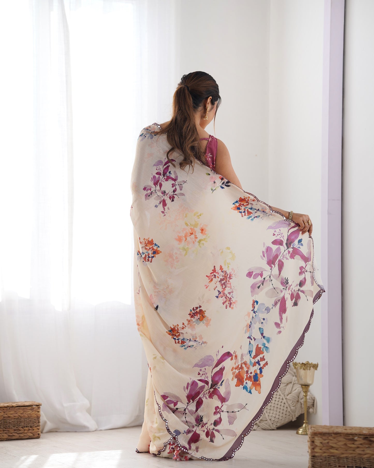Elegant Heavy Chinnon Floral Printed Off white Saree with Unstitched Purple Blouse