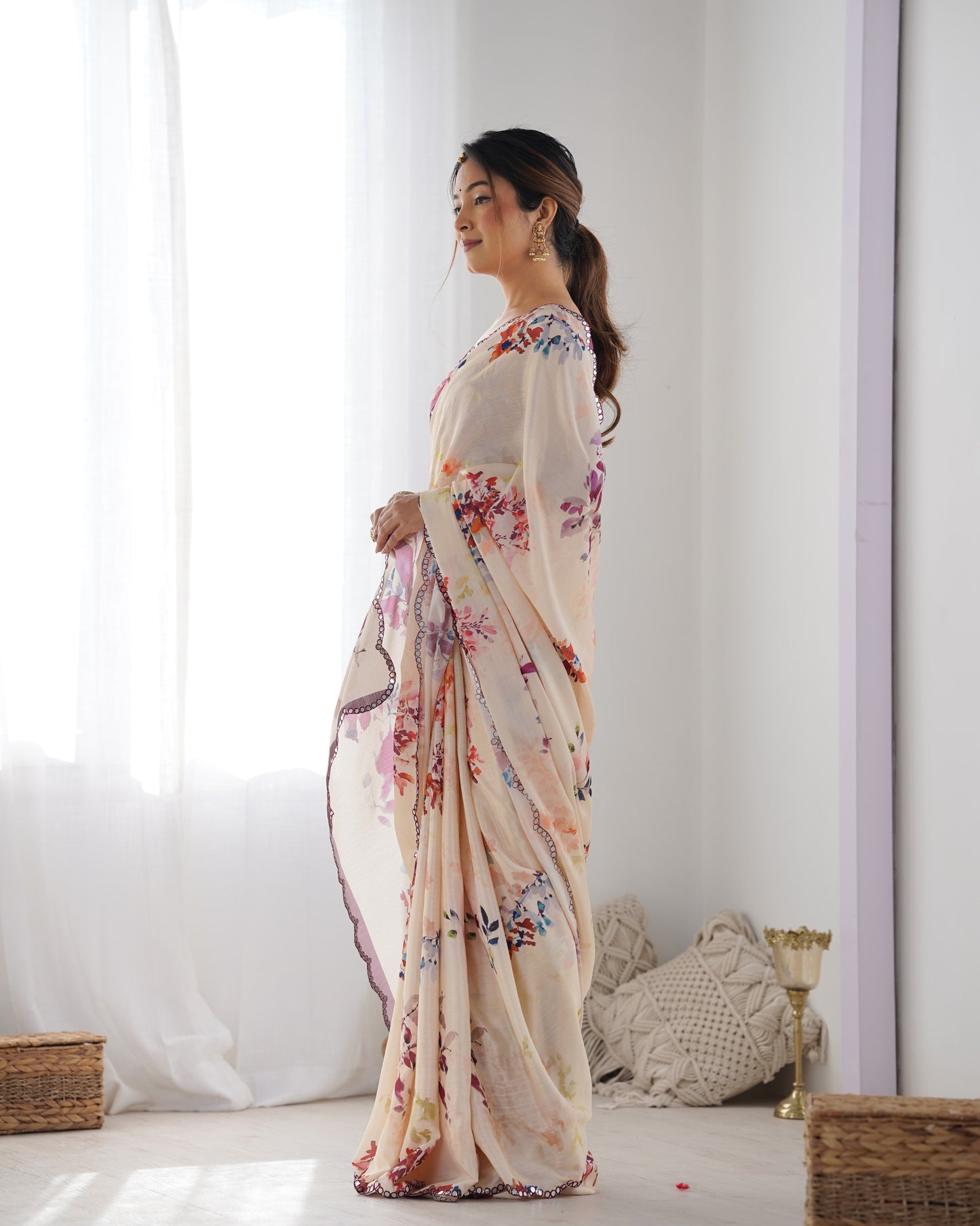 Elegant Heavy Chinnon Floral Printed Off white Saree with Unstitched Purple Blouse