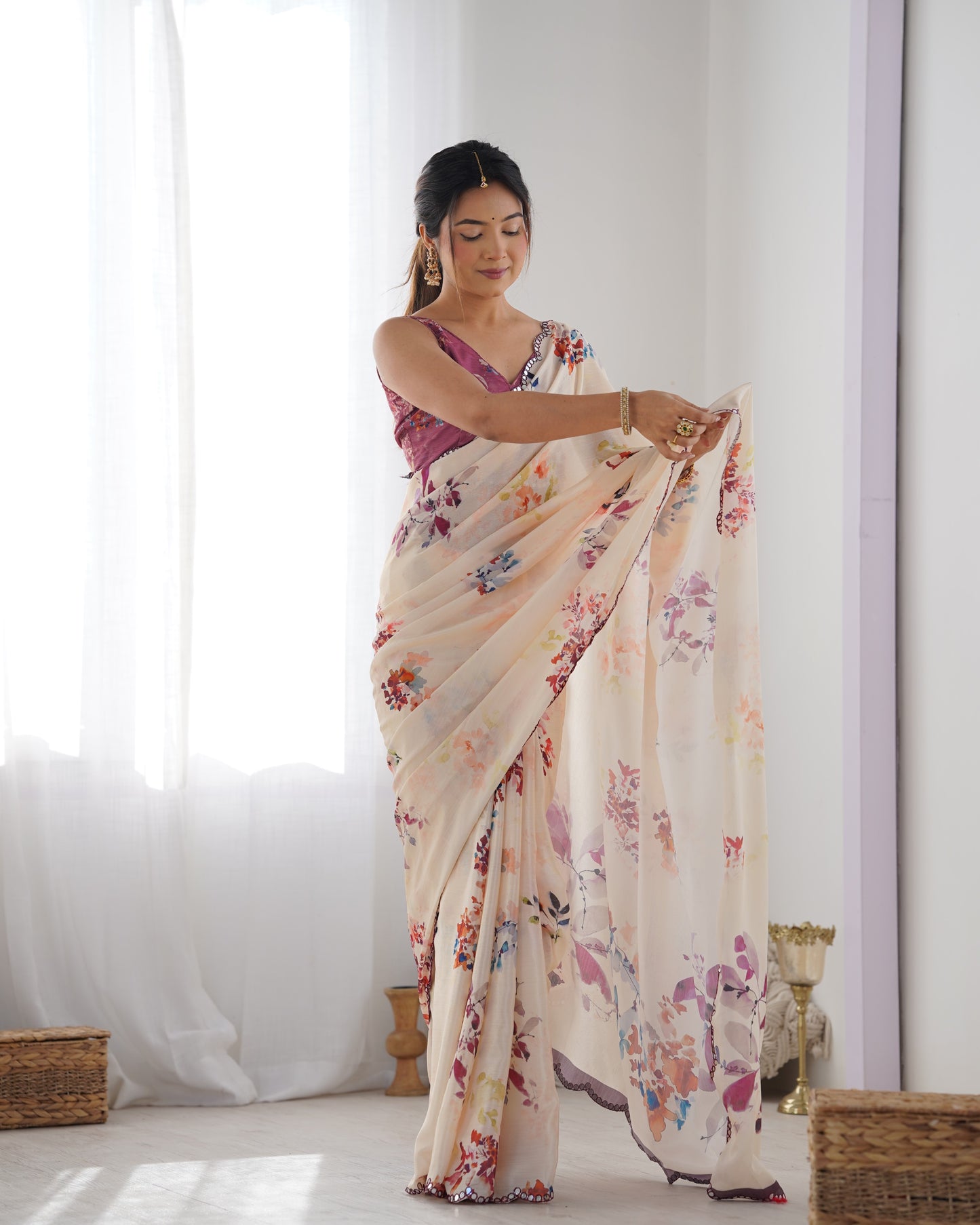 Elegant Heavy Chinnon Floral Printed Off white Saree with Unstitched Purple Blouse