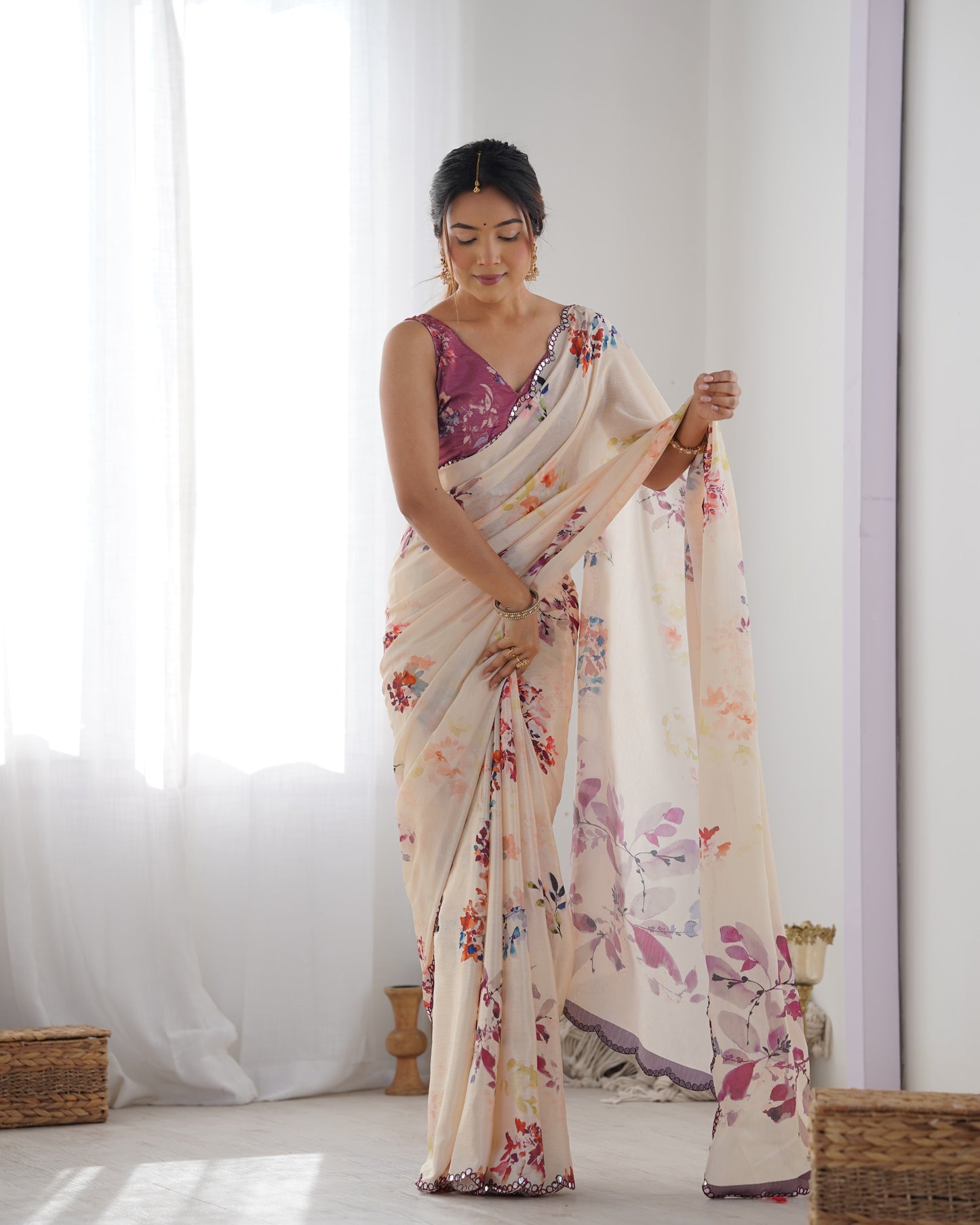 Elegant Heavy Chinnon Floral Printed Off white Saree with Unstitched Purple Blouse