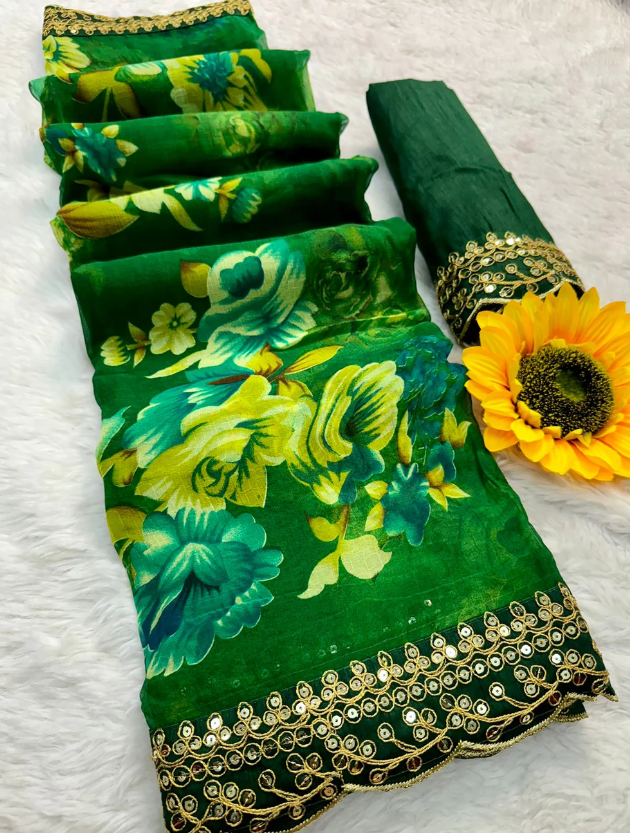 Green Floral Georgette Chiffon Saree With Unstitched Heavy Bengalori Sarttin Blouse