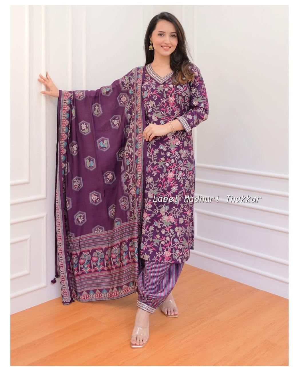 Full Cotton Print Embroidery Straight Kurti Afghani Pant Malmal Duptta