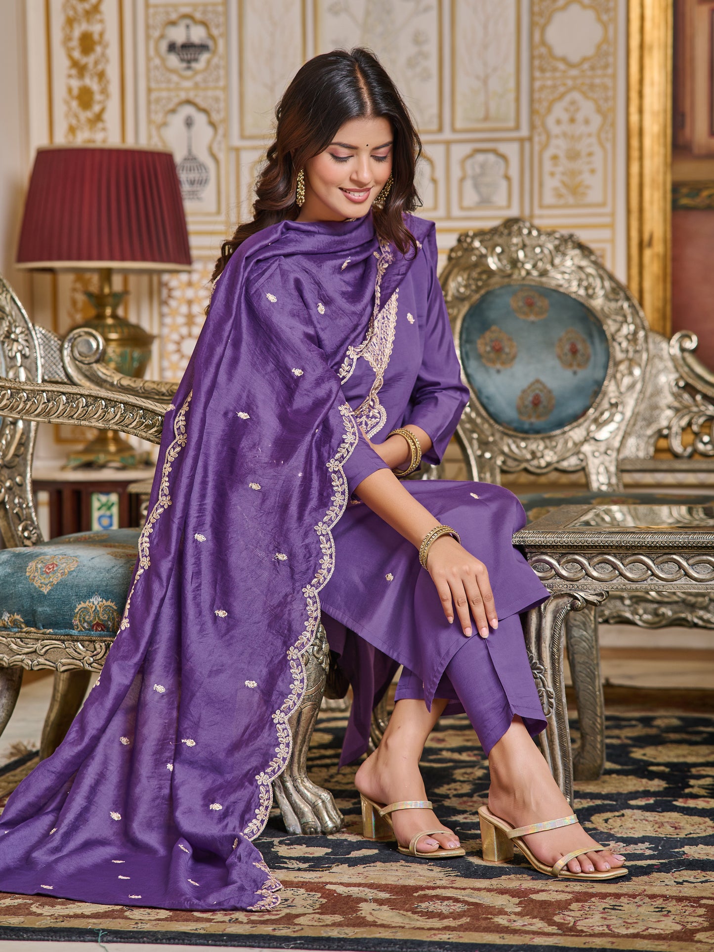 Blue Embroidered Chanderi Kurta With Pant And Dupatta Set for Women