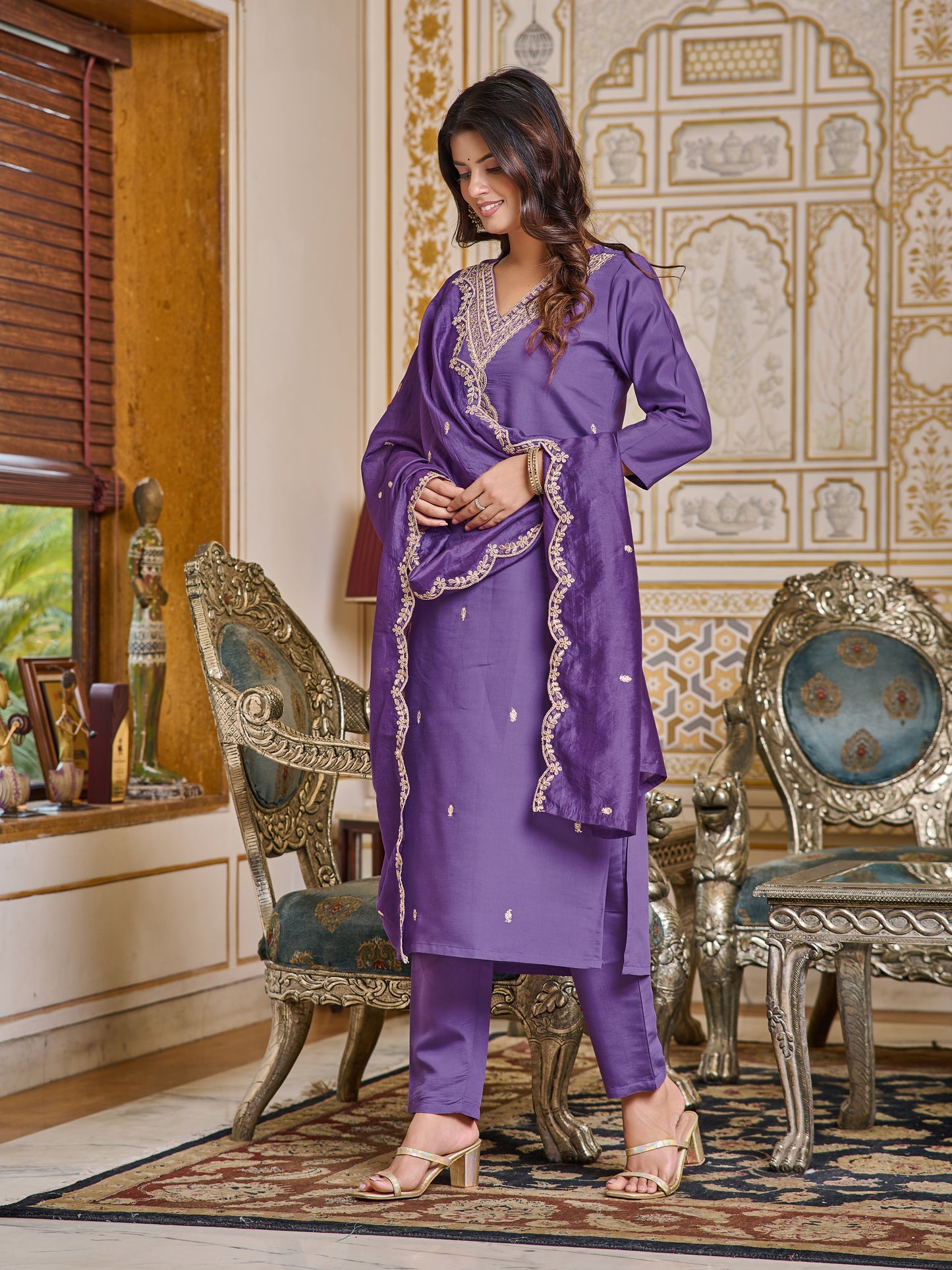 Blue Embroidered Chanderi Kurta With Pant And Dupatta Set for Women