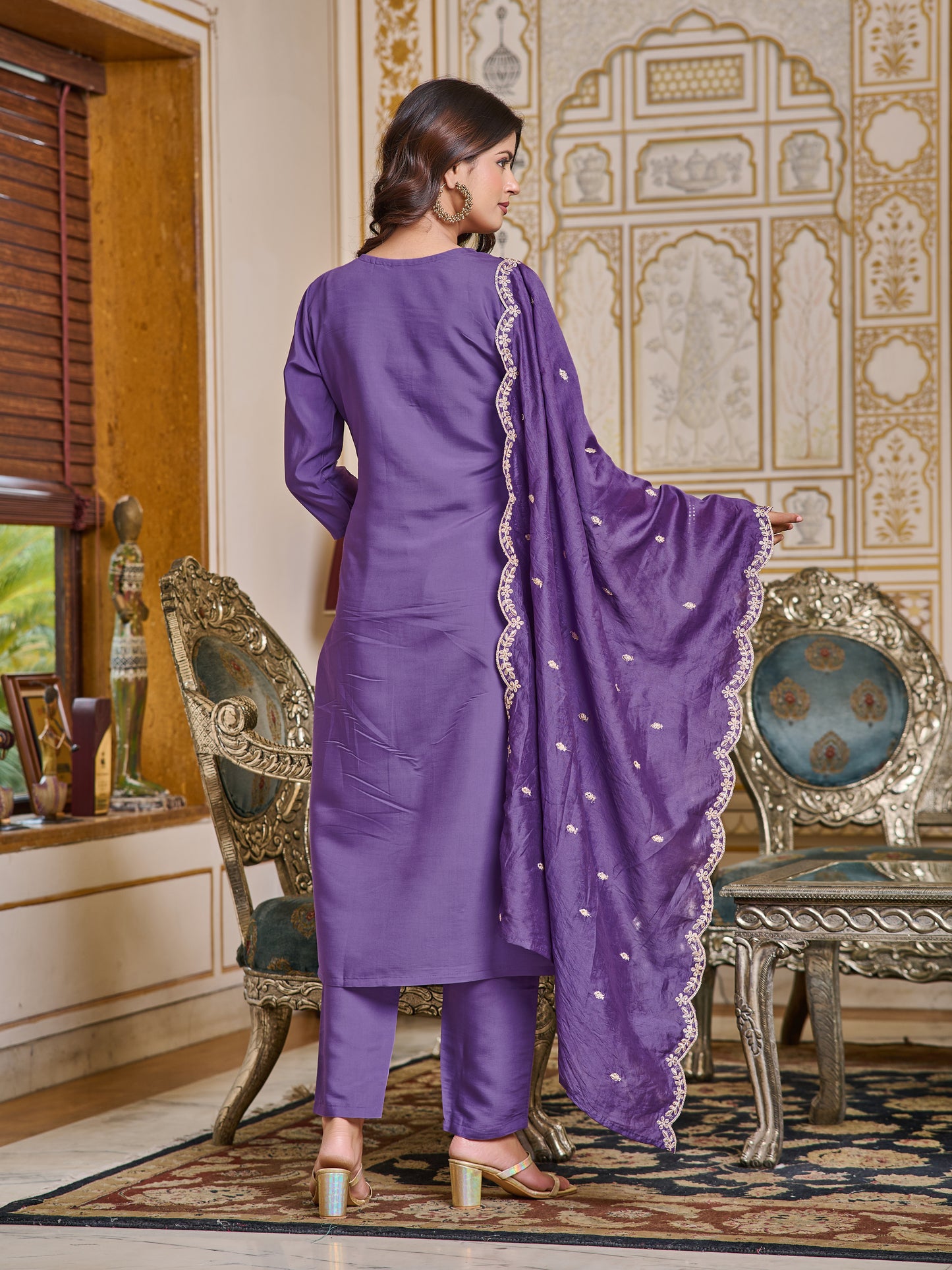 Blue Embroidered Chanderi Kurta With Pant And Dupatta Set for Women