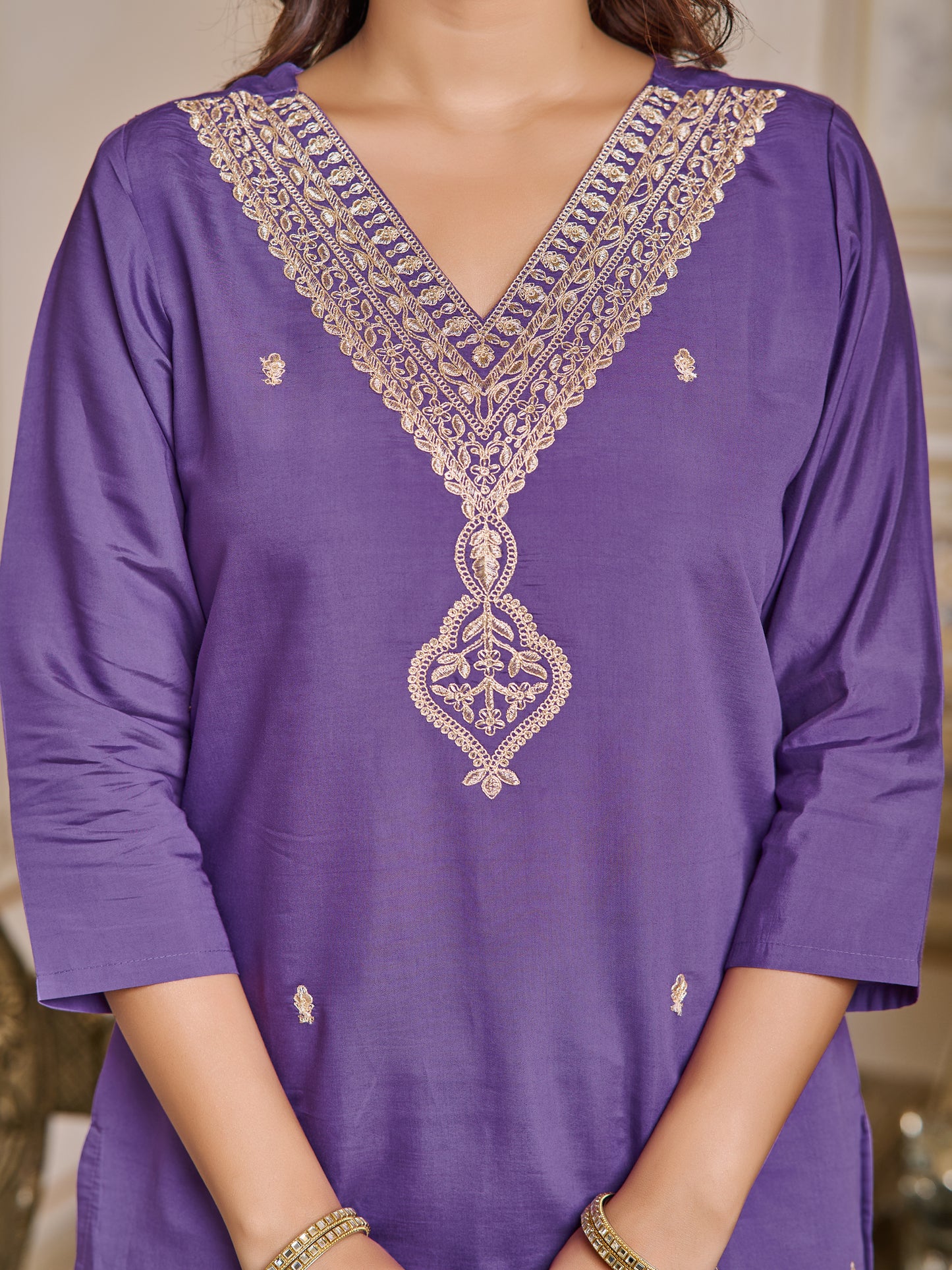 Blue Embroidered Chanderi Kurta With Pant And Dupatta Set for Women