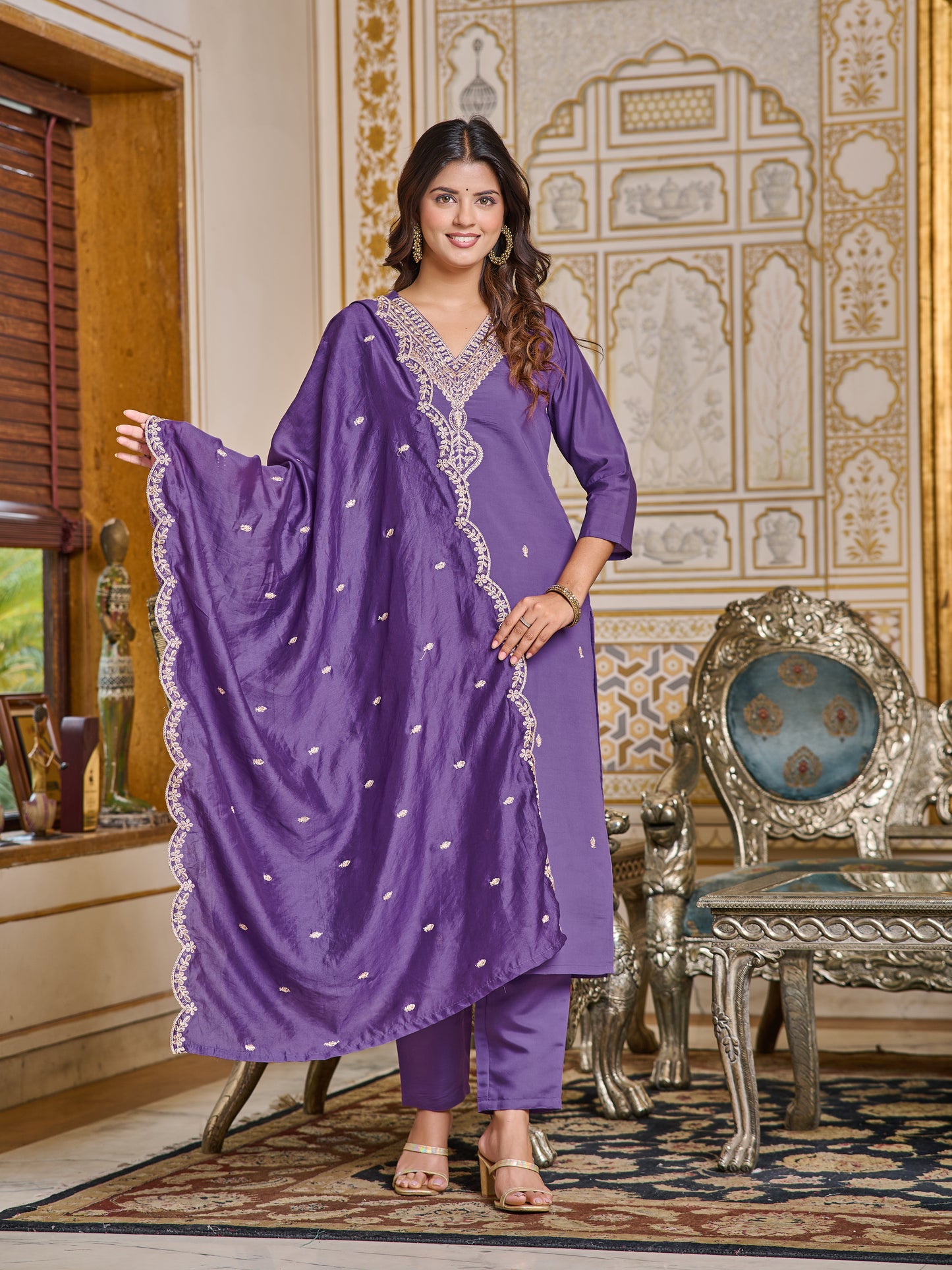 Blue Embroidered Chanderi Kurta With Pant And Dupatta Set for Women