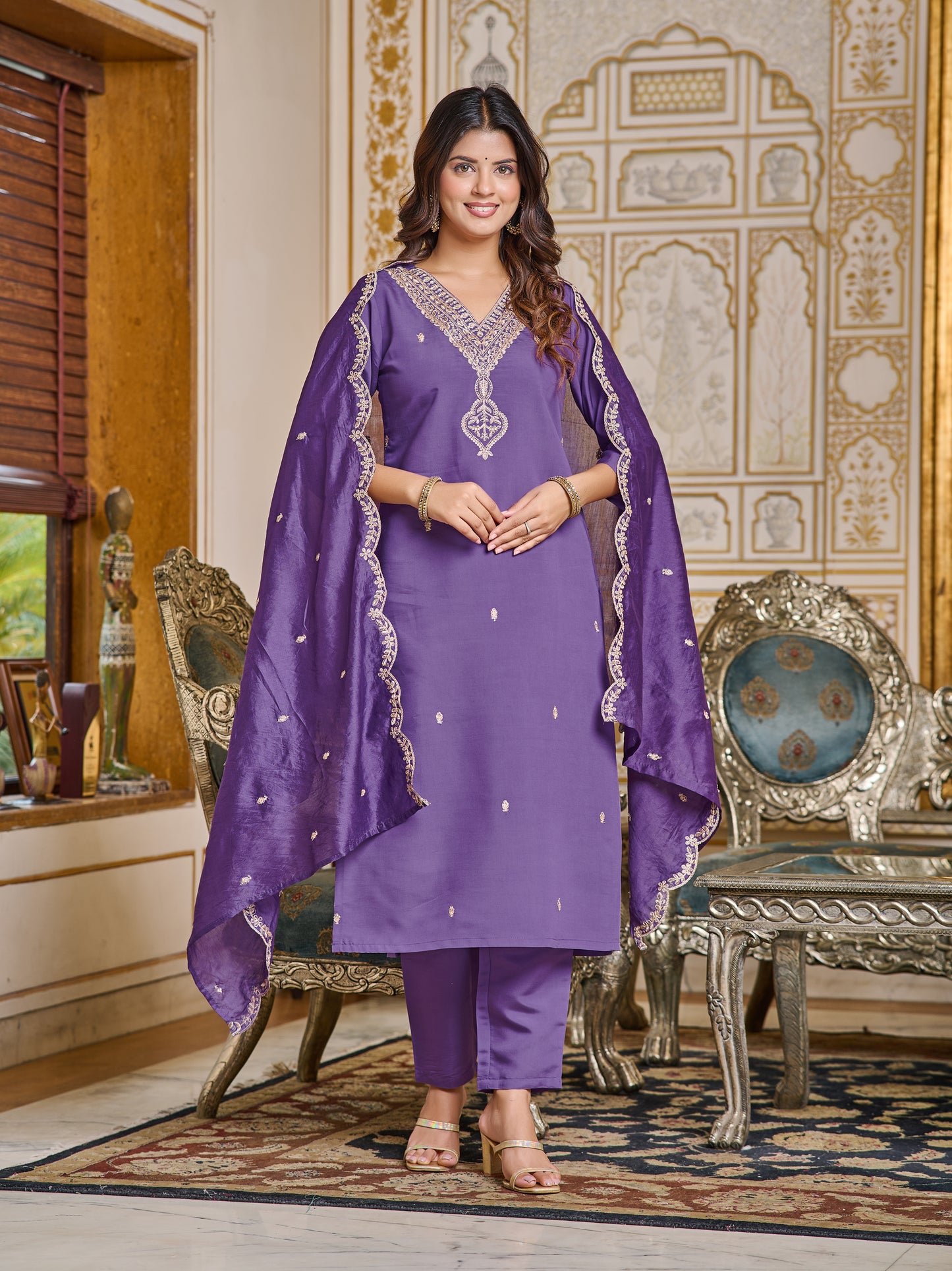 Blue Embroidered Chanderi Kurta With Pant And Dupatta Set for Women