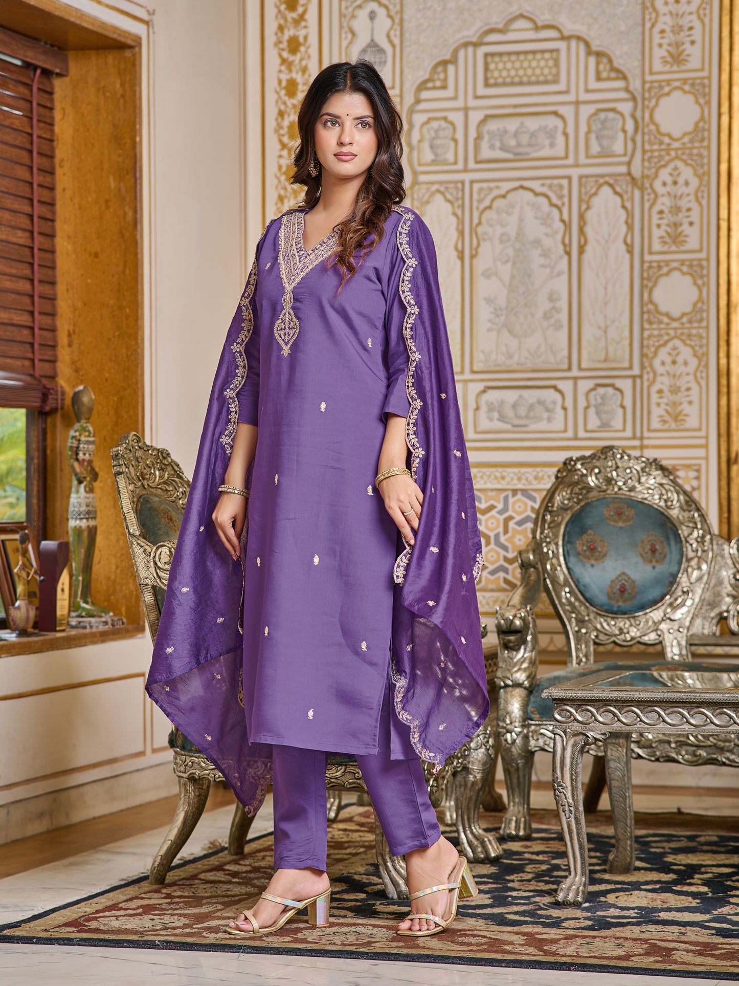 Blue Embroidered Chanderi Kurta With Pant And Dupatta Set for Women