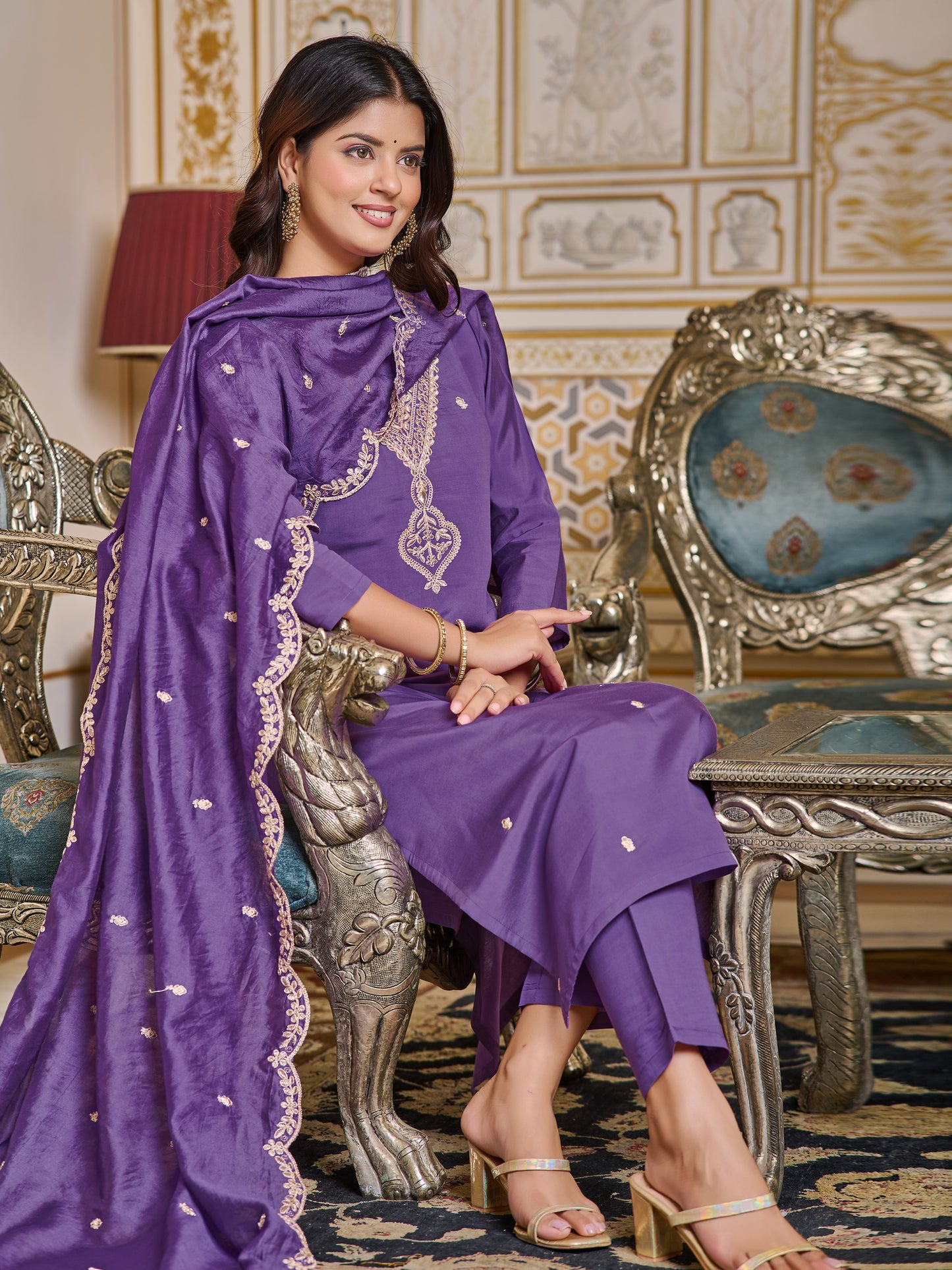 Blue Embroidered Chanderi Kurta With Pant And Dupatta Set for Women