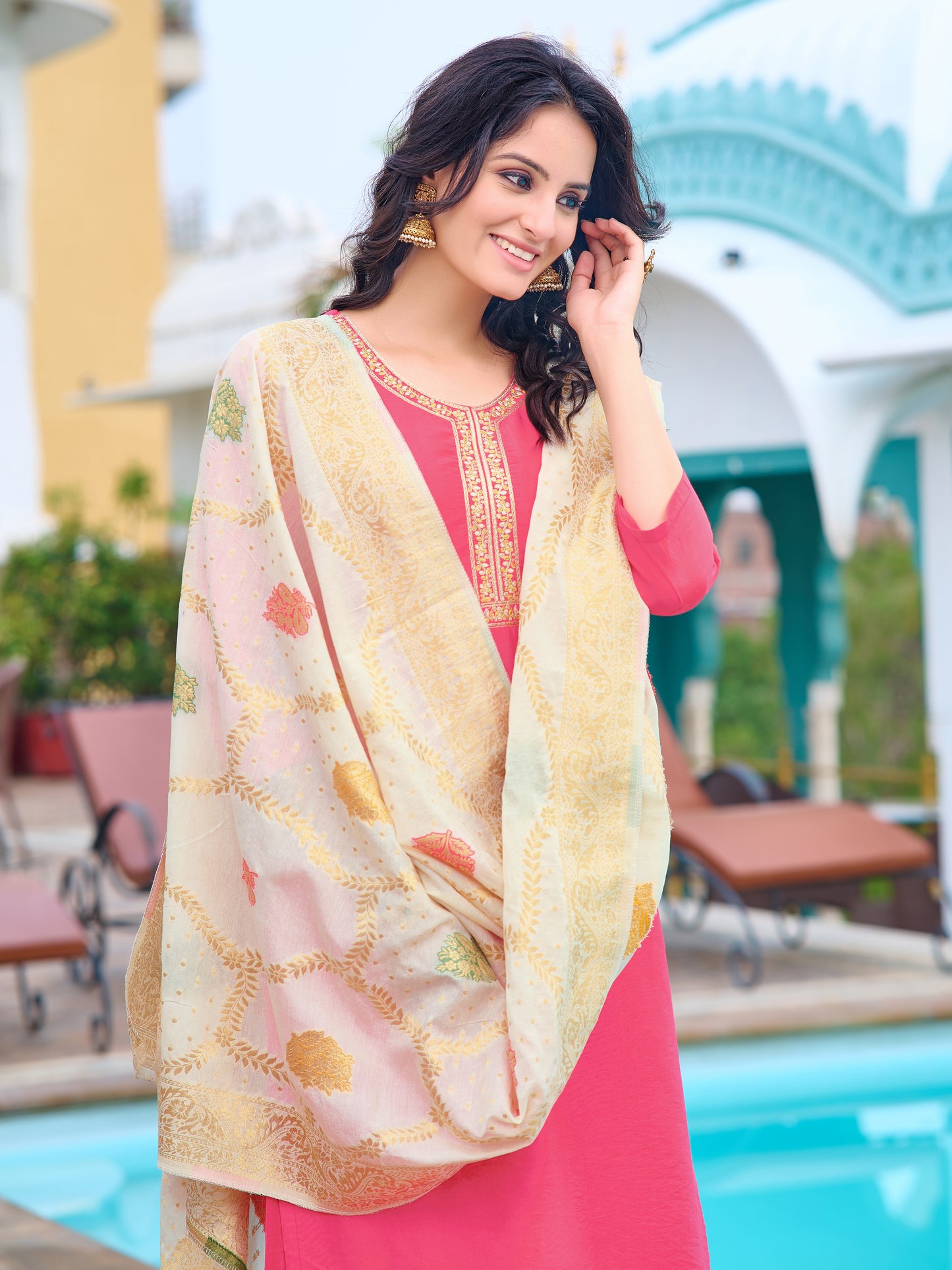 Pink Embroidered Chanderi Kurta With Pant And Dupatta Set for Women